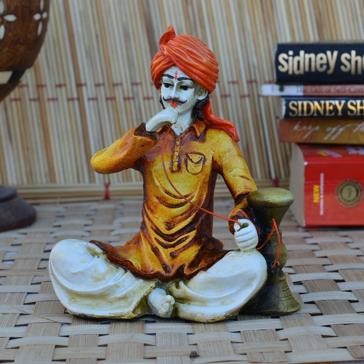 Polyresin Rajasthani Man Using Hookah Handcrafted Decorative Showpiece (Yellow, Orange and Brown) 3
