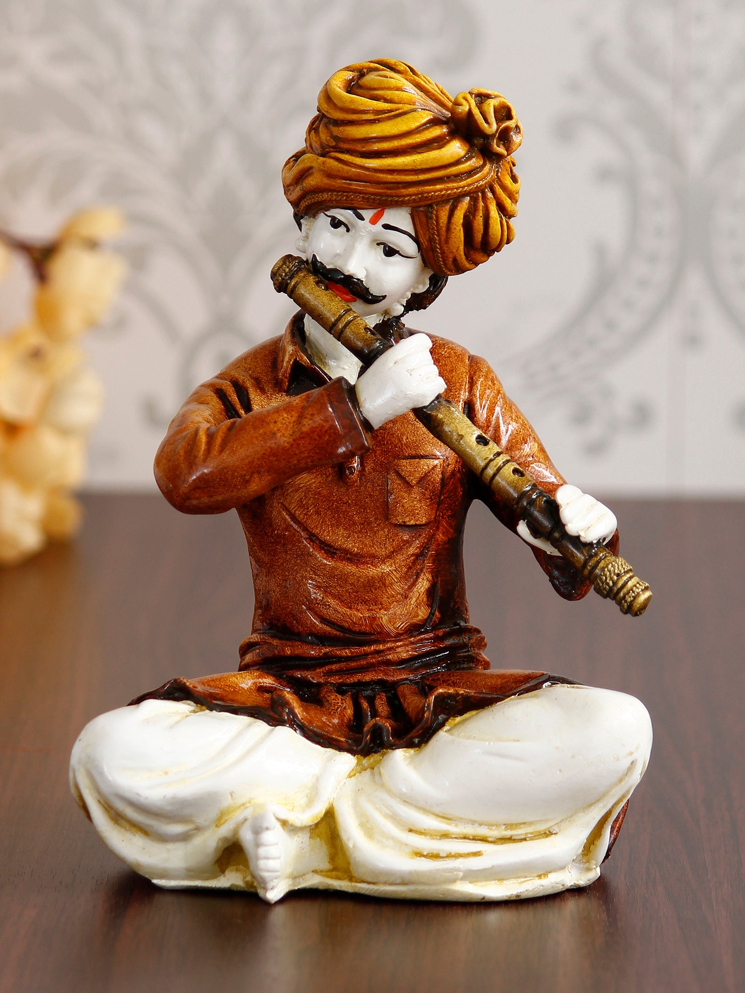 Polyresin Rajasthani Musician Men Statue Playing Flute Human Figurines Home Decor Showpiece 1