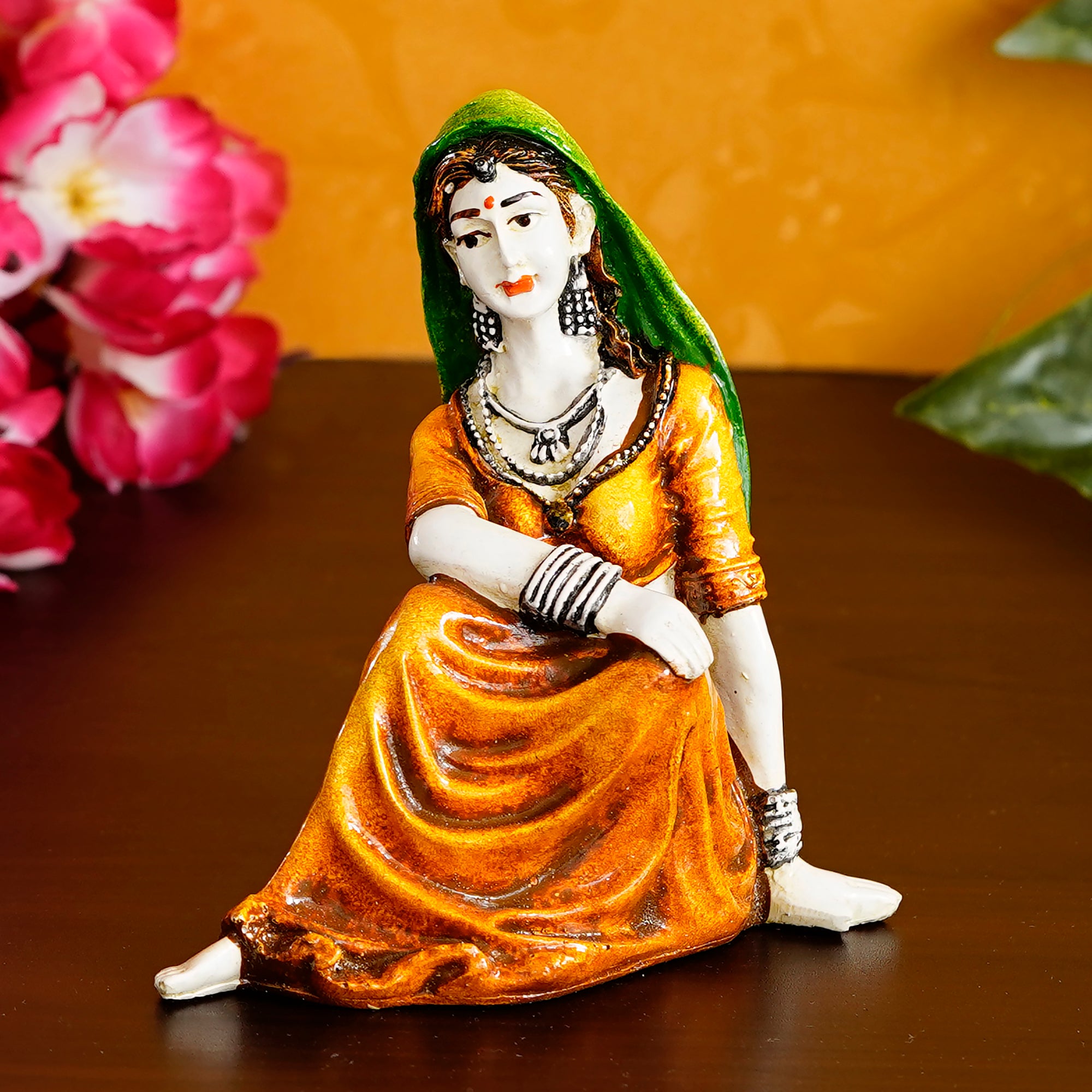 Polyresin Resting Rajasthani Women Statue Handcrafted Human Figurine Decorative Showpiece 1