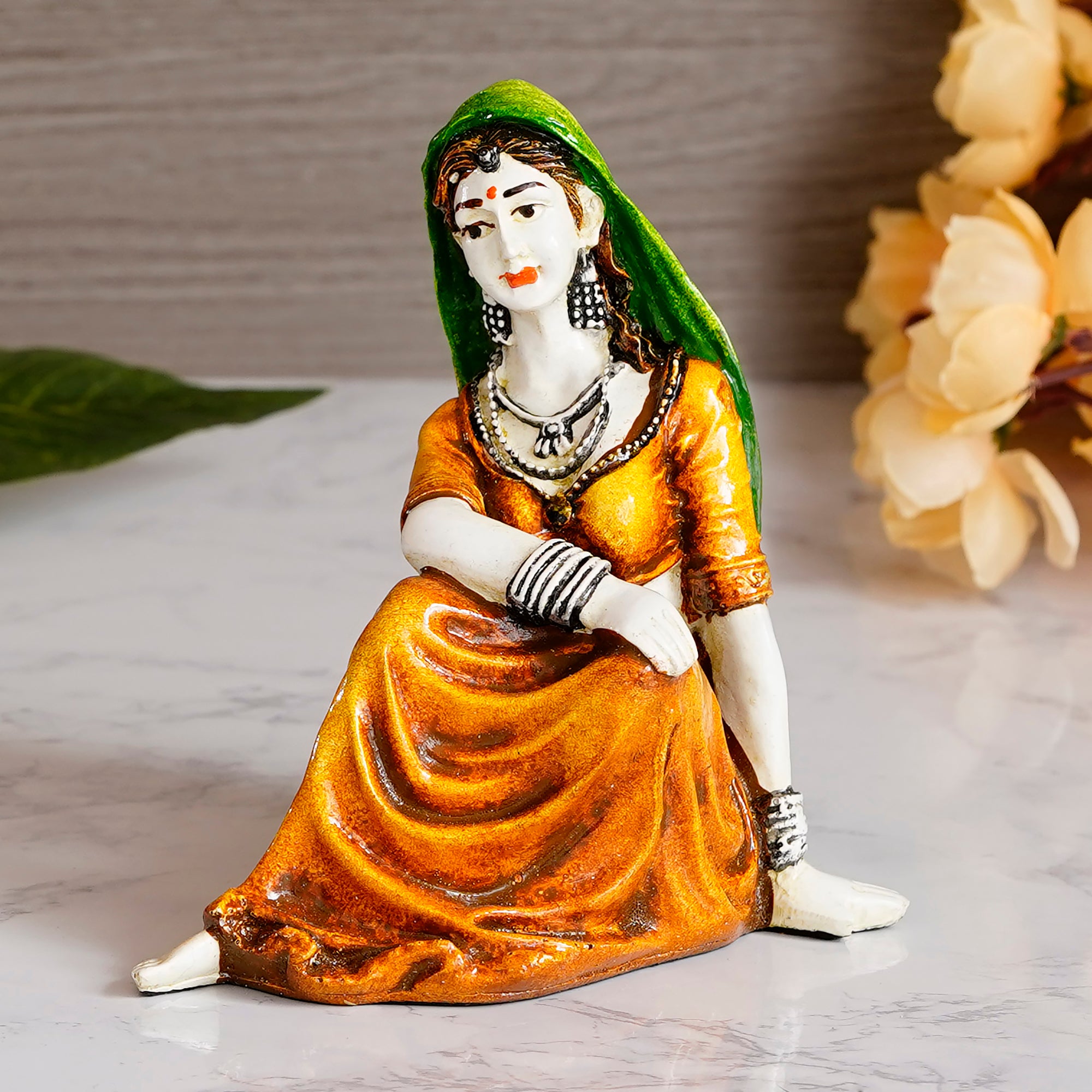 Polyresin Resting Rajasthani Women Statue Handcrafted Human Figurine Decorative Showpiece