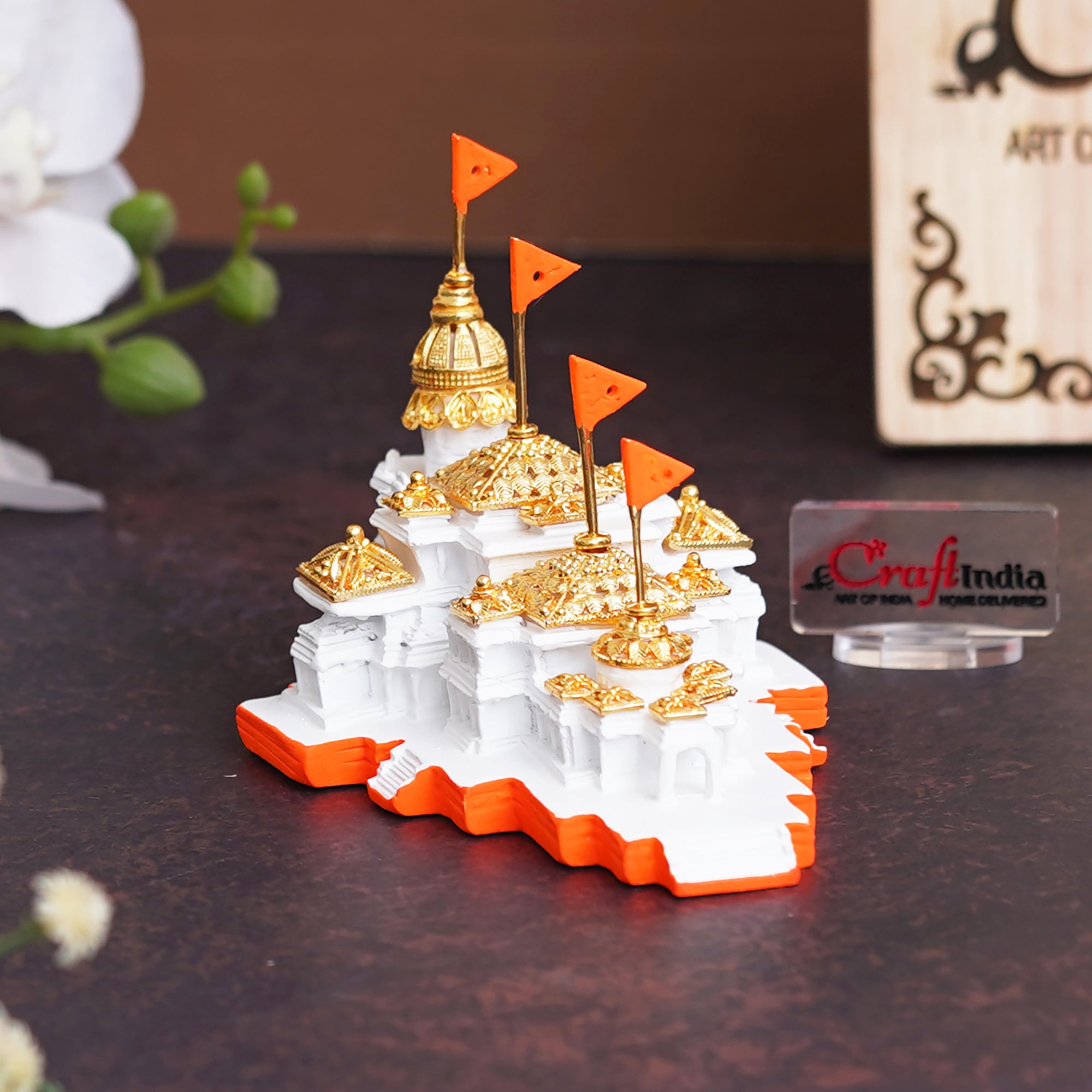 eCraftIndia Shri Ram Mandir Ayodhya Model Authentic Design - Perfect for Home Temple, Decor, and Spiritual Gifting (White, Gold, Orange) 1