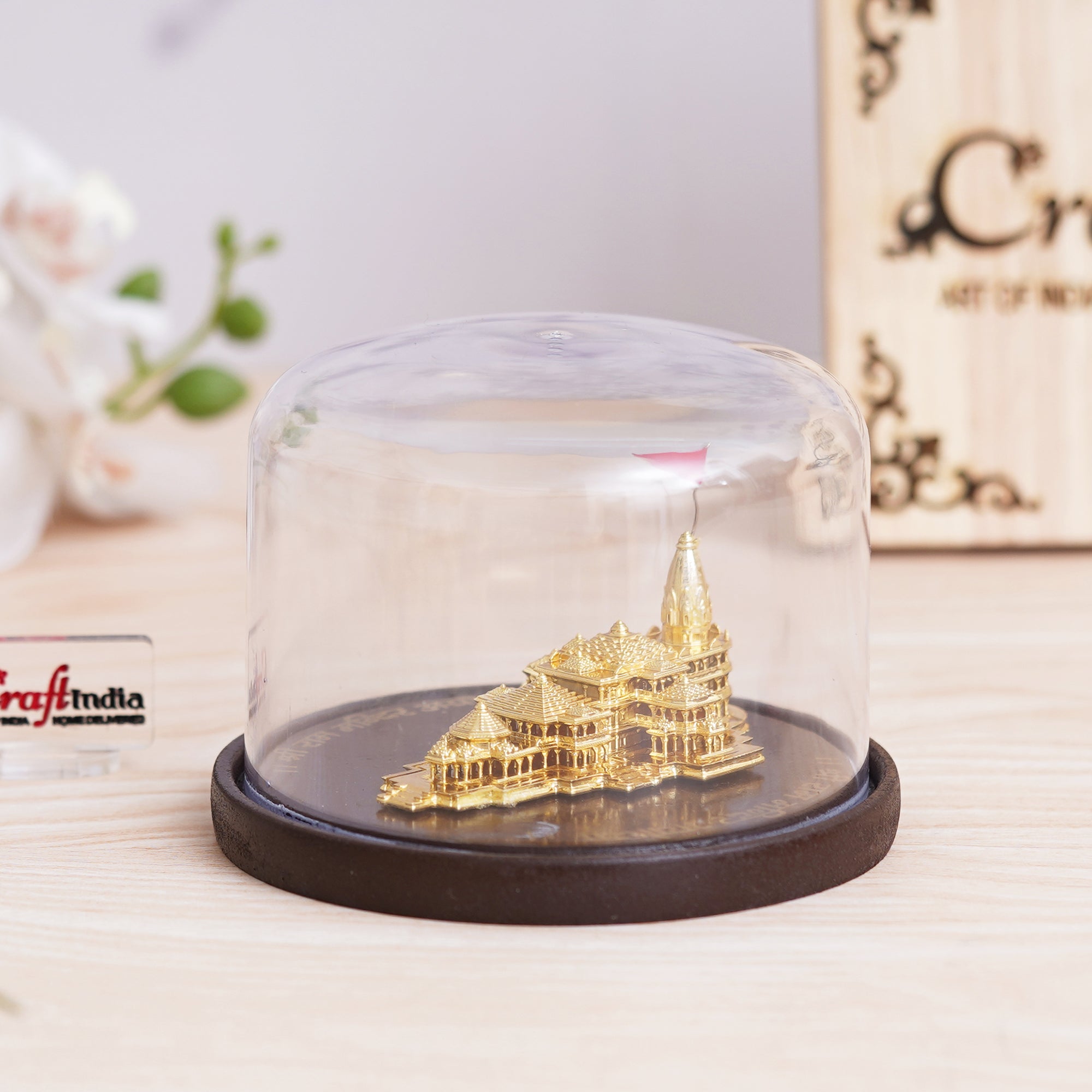 eCraftIndia Golden Shri Ram Mandir Ayodhya Model Authentic Designer Temple Covered by a Glass Dome - Perfect for Home Decor, and Spiritual Gifting 1