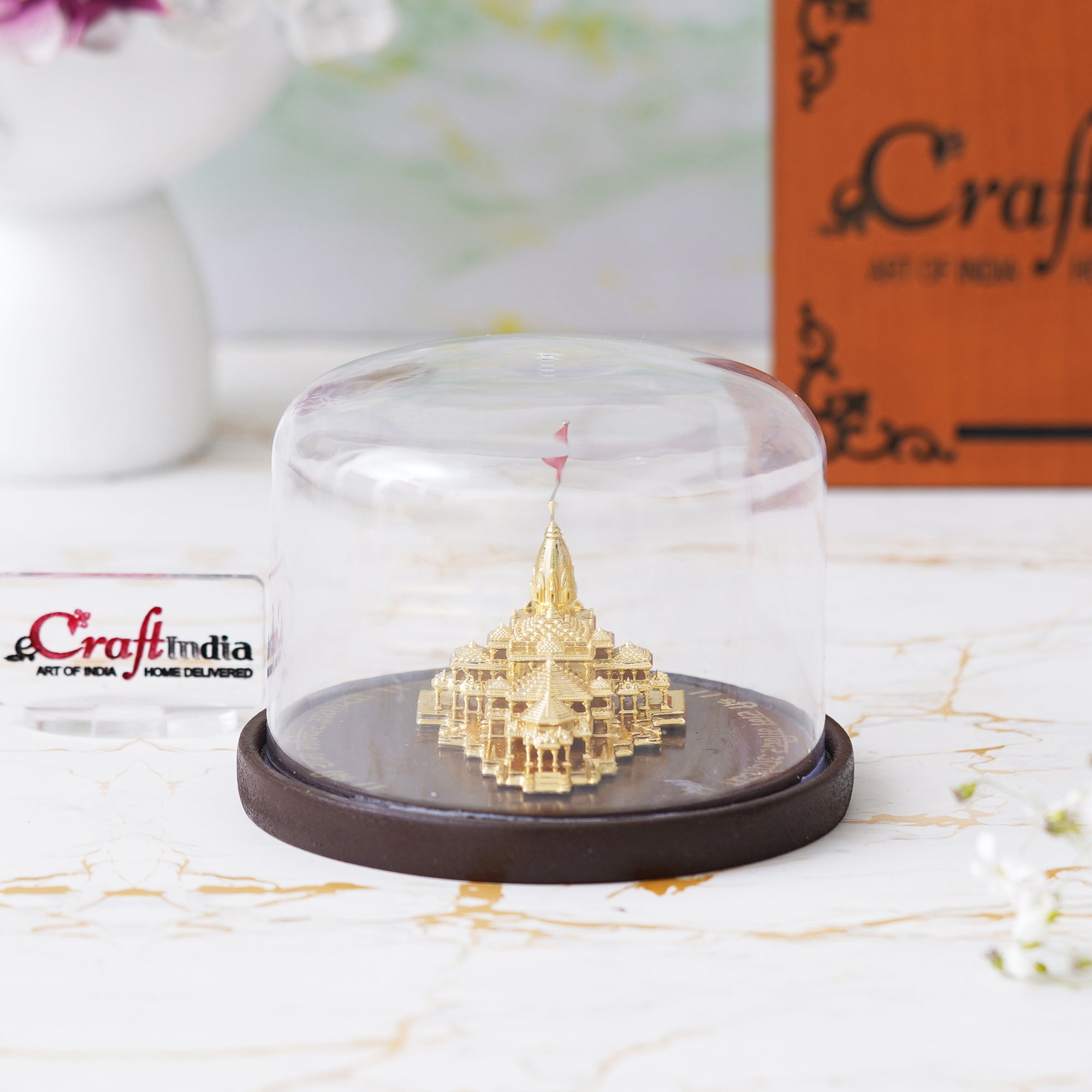 eCraftIndia Golden Shri Ram Mandir Ayodhya Model Authentic Designer Temple Covered by a Glass Dome - Perfect for Home Decor, and Spiritual Gifting 4