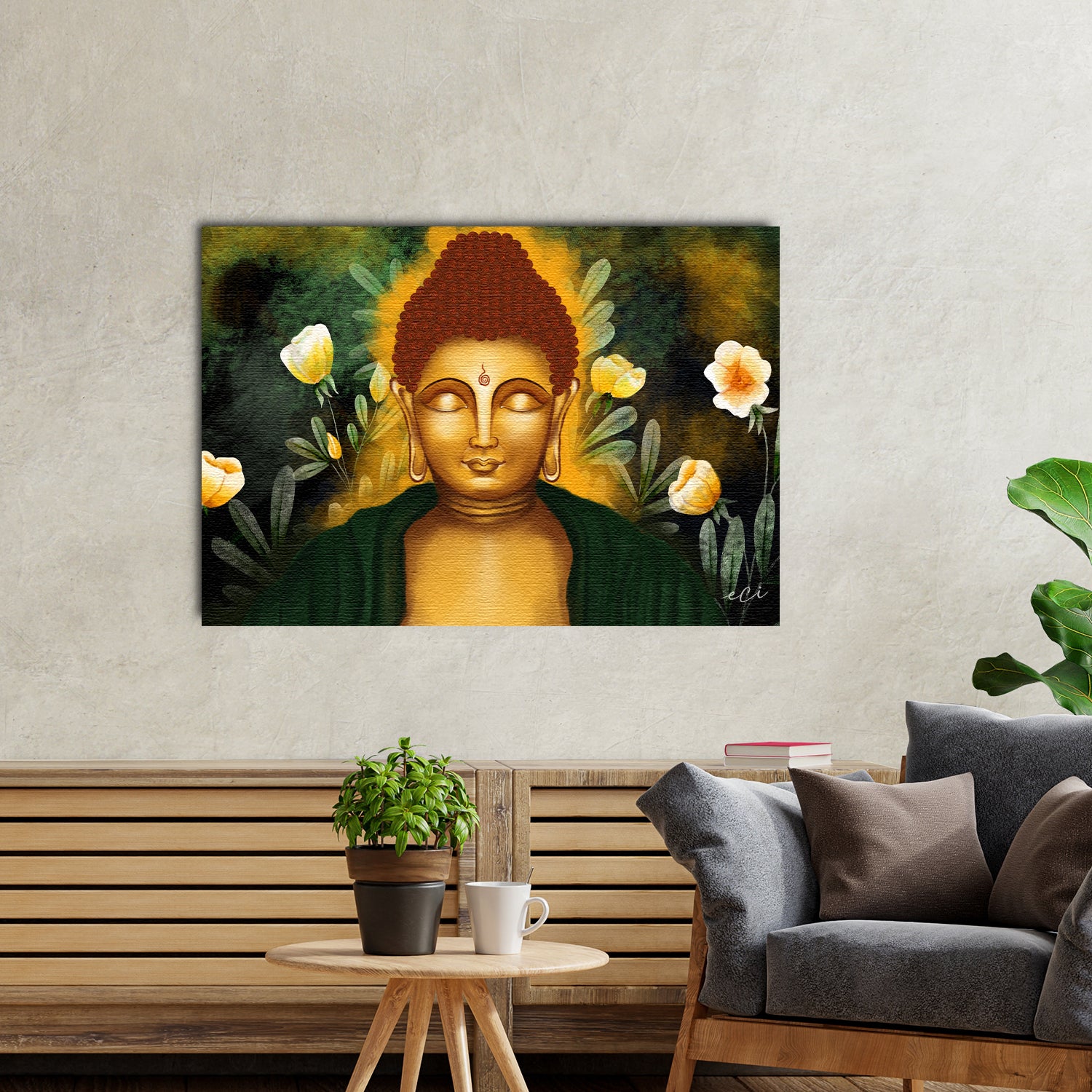 Gautam Buddha with Yellow Flowers Original Design Canvas Printed Wall Painting 1