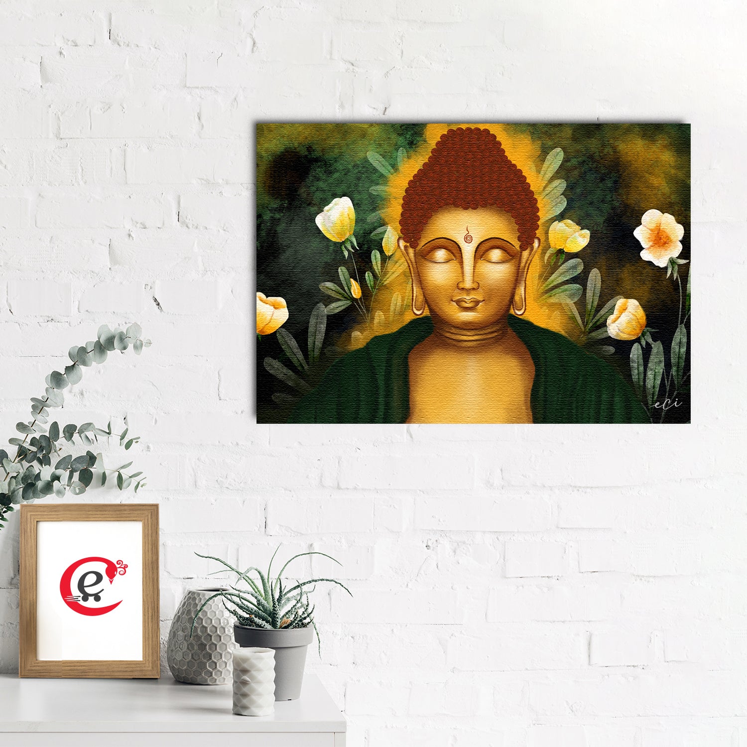 Gautam Buddha with Yellow Flowers Original Design Canvas Printed Wall Painting 2