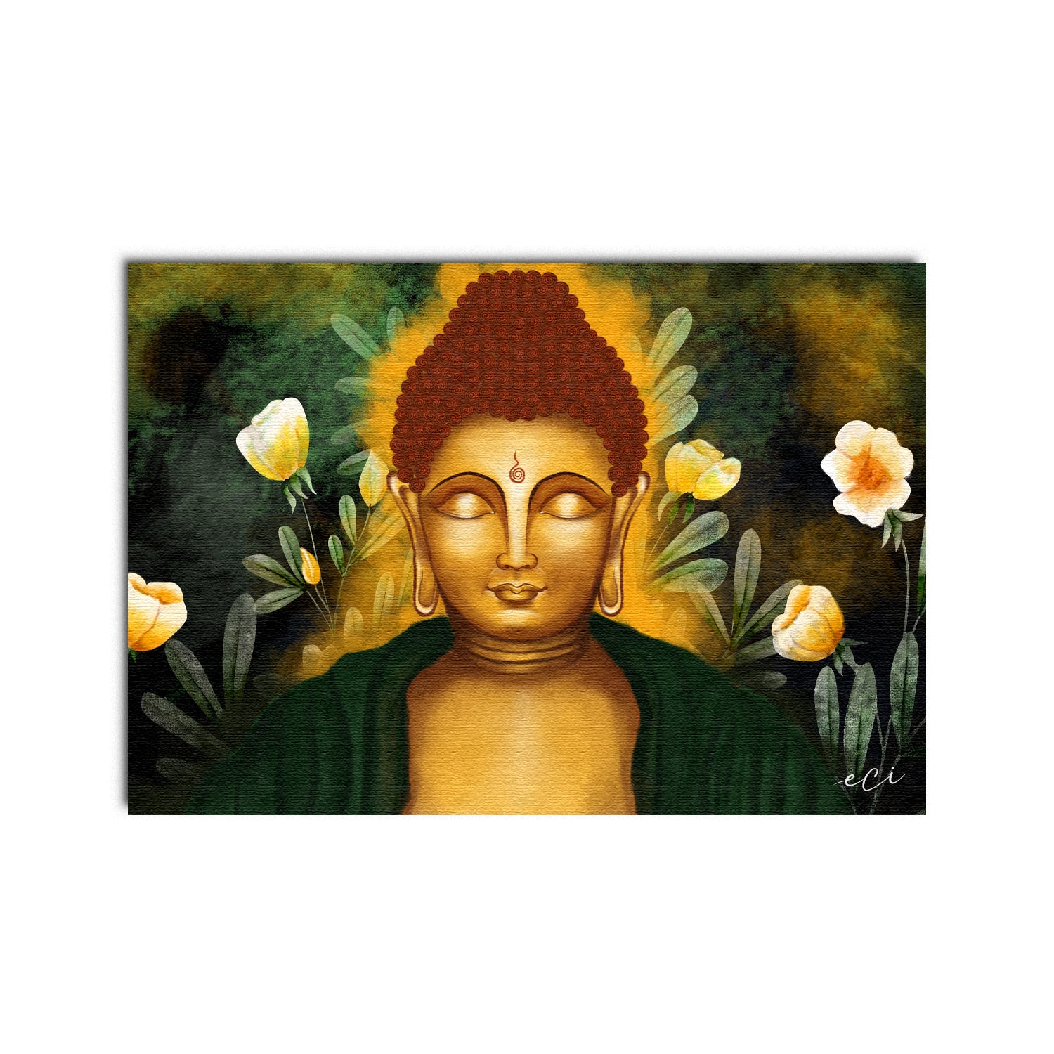 Gautam Buddha with Yellow Flowers Original Design Canvas Printed Wall Painting