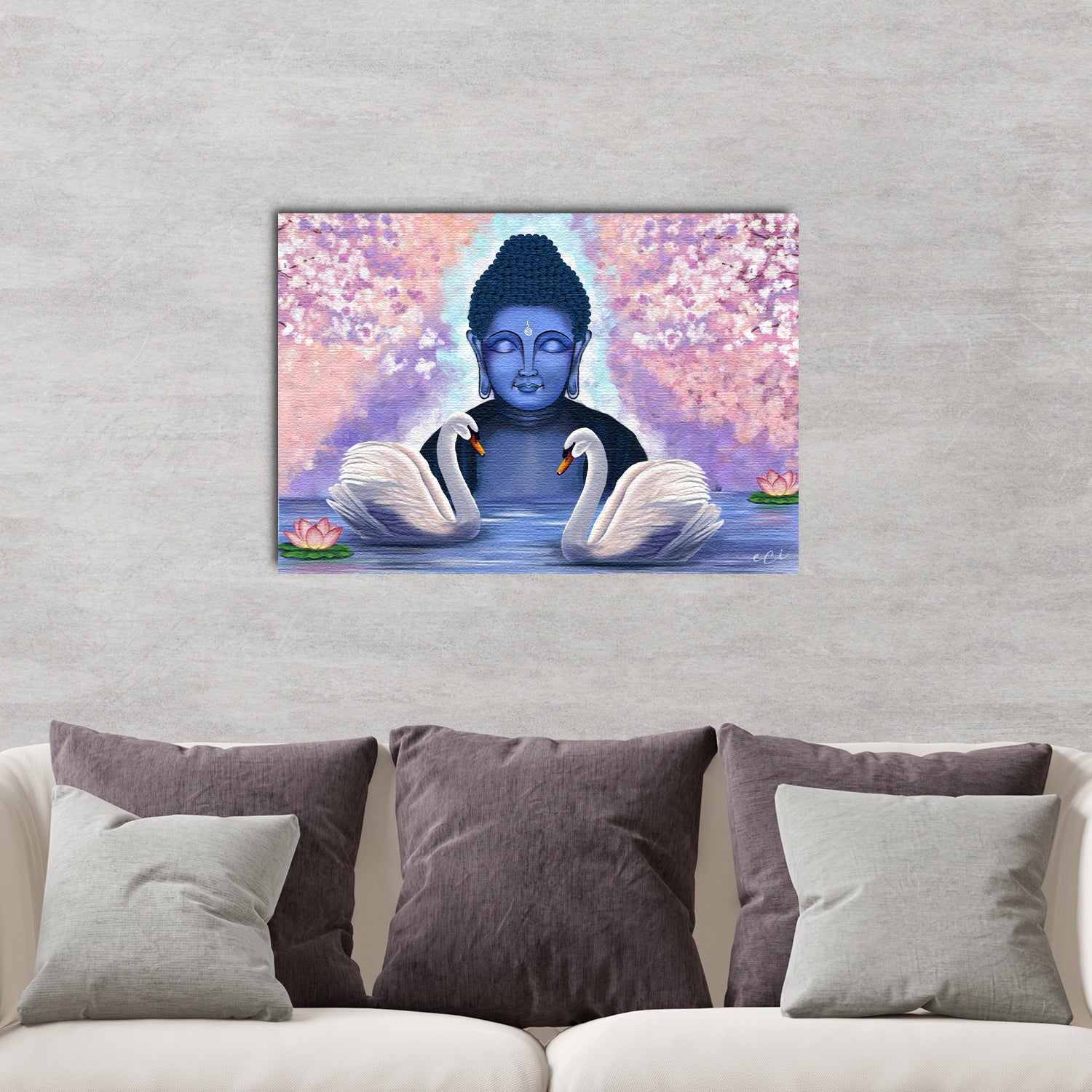 Meditating Gautam Buddha with Couple Swan Original Design Canvas Printed Wall Painting