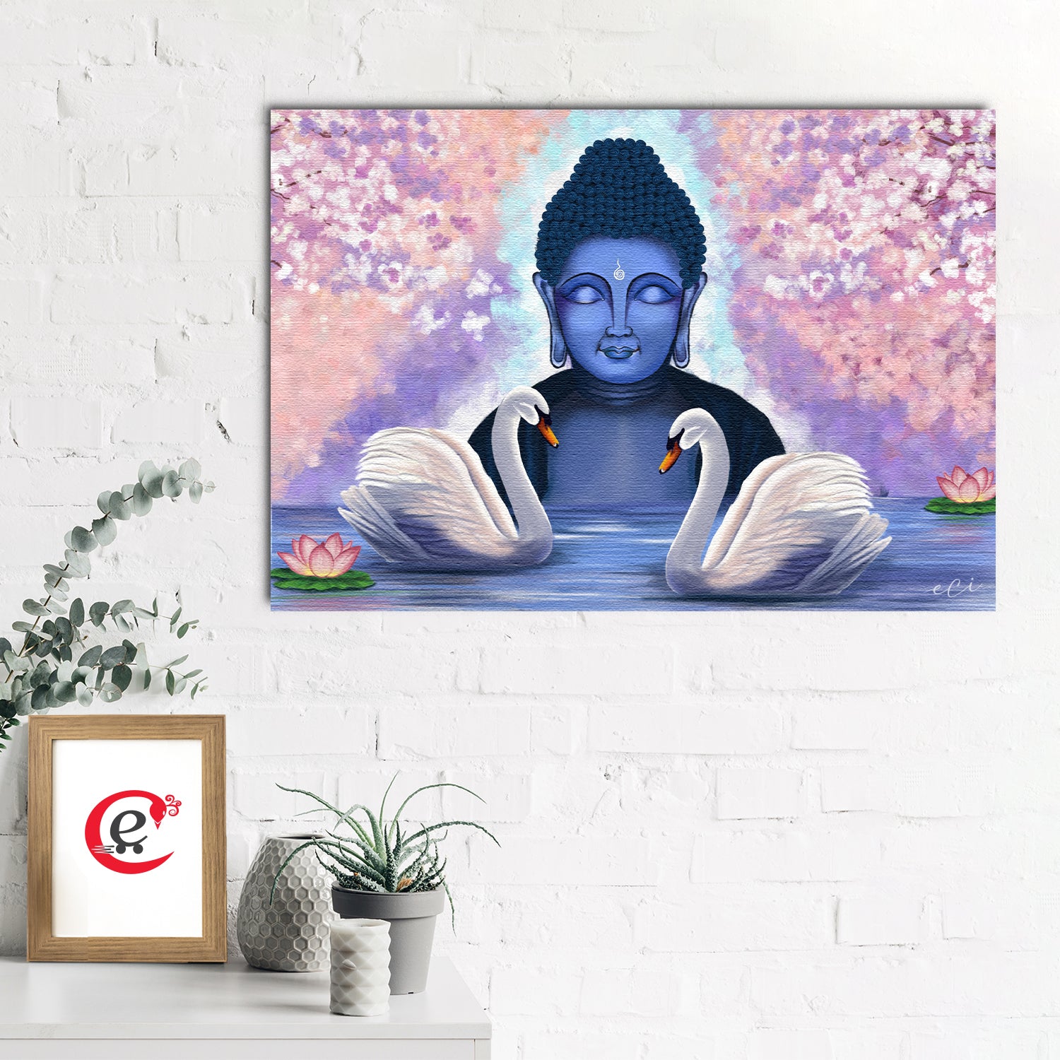 Meditating Gautam Buddha with Couple Swan Original Design Canvas Printed Wall Painting 1