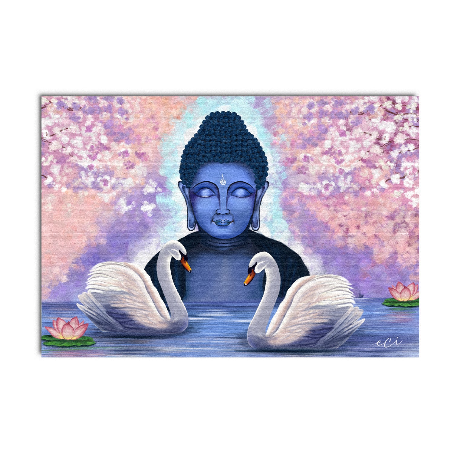 Meditating Gautam Buddha with Couple Swan Original Design Canvas Printed Wall Painting 2