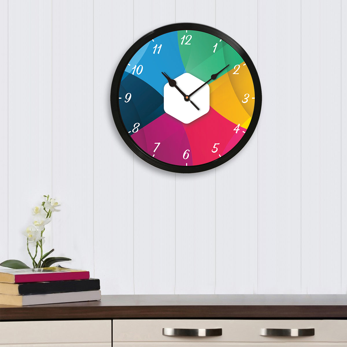 "Multicolor Numbers" Designer Round Analog Black Wall Clock 1
