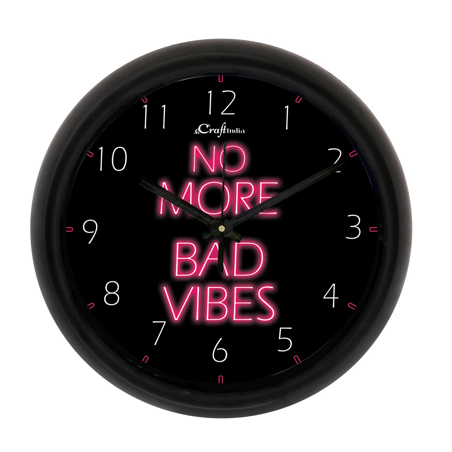 "No More Bad Vibes" Black Designer Round Analog Black Wall Clock