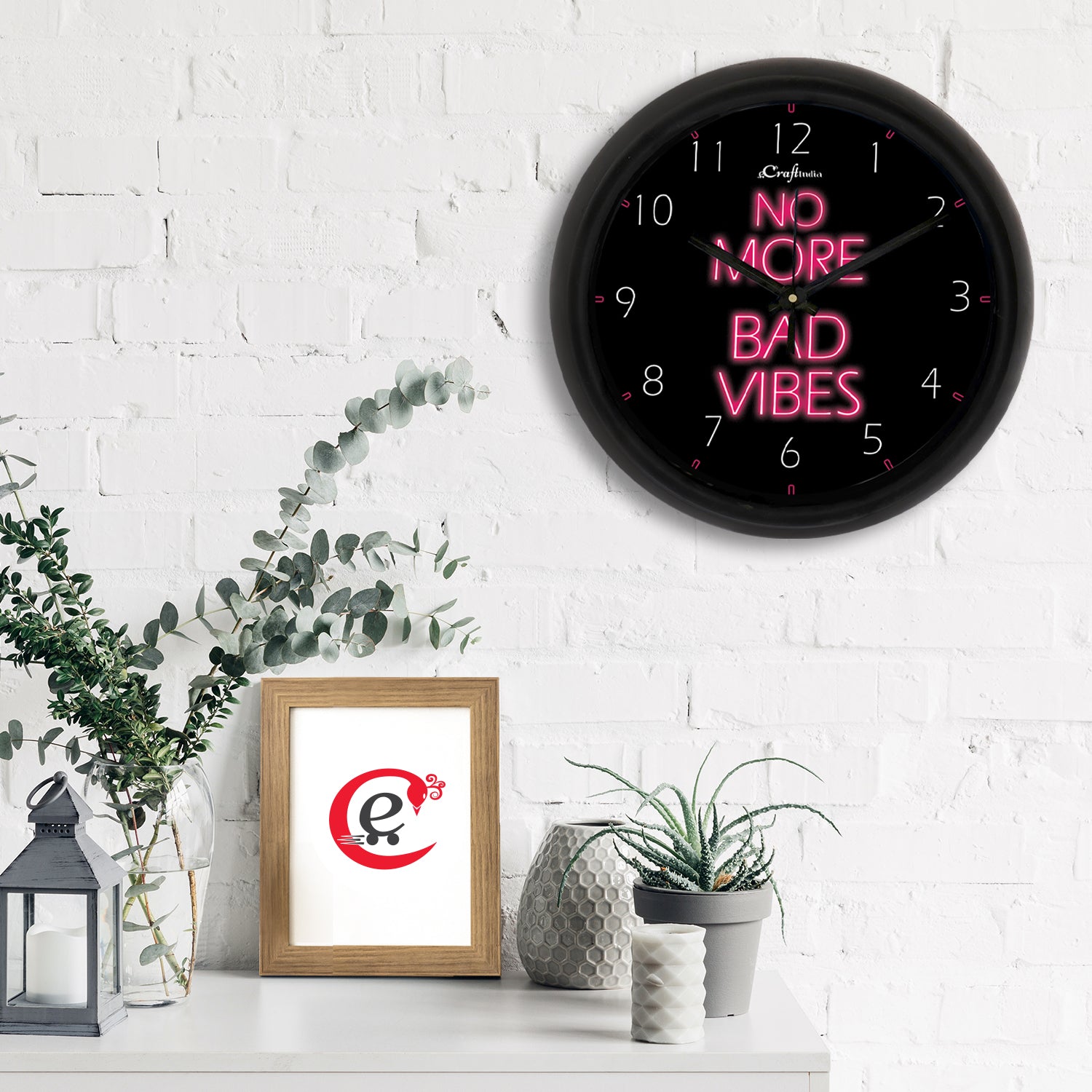 "No More Bad Vibes" Black Designer Round Analog Black Wall Clock 1