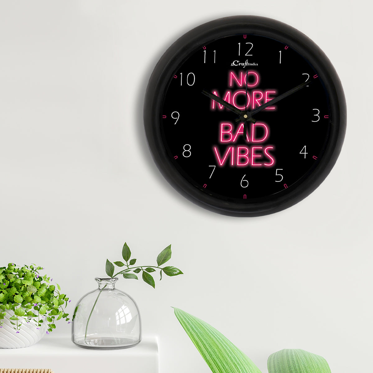 "No More Bad Vibes" Black Designer Round Analog Black Wall Clock 2