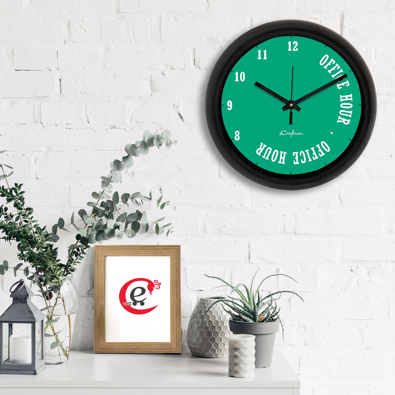 "Office Hour" Green Designer Round Analog Black Wall Clock 1
