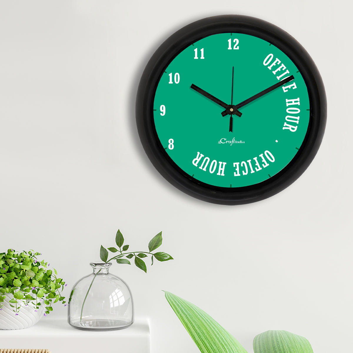 "Office Hour" Green Designer Round Analog Black Wall Clock 2