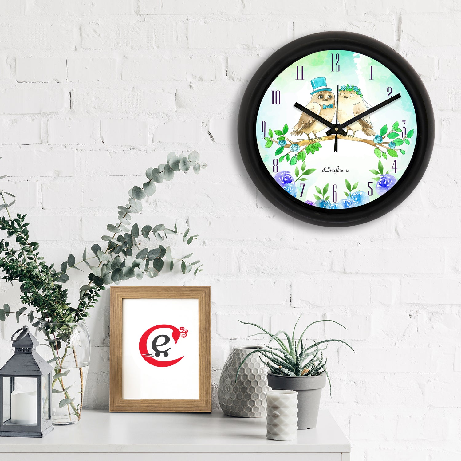 "Owl Couple" Designer Round Analog Black Wall Clock 1