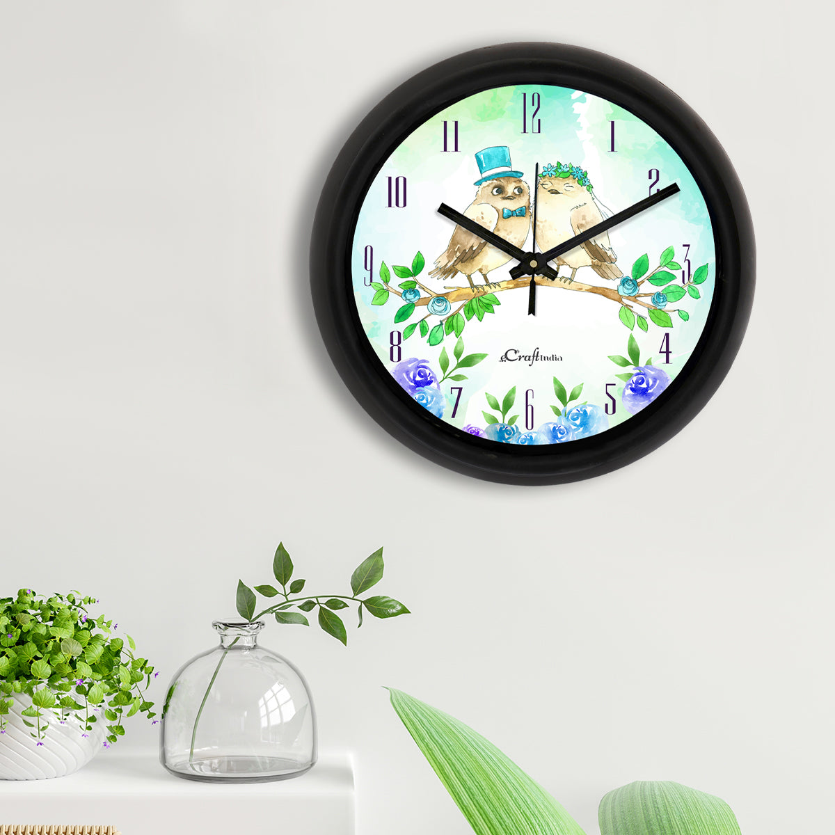 "Owl Couple" Designer Round Analog Black Wall Clock 2