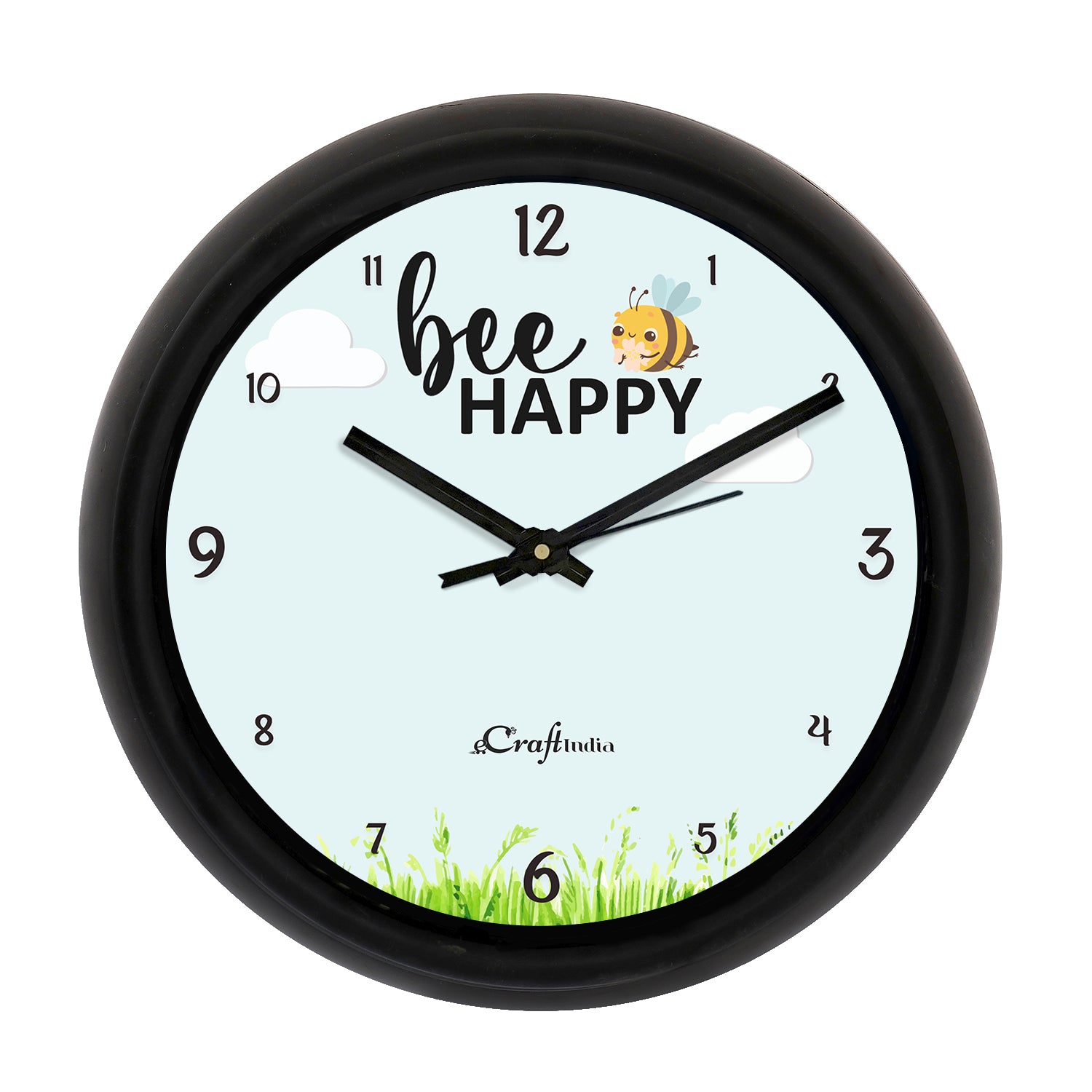"Bee Happy" Designer Round Analog Black Wall Clock