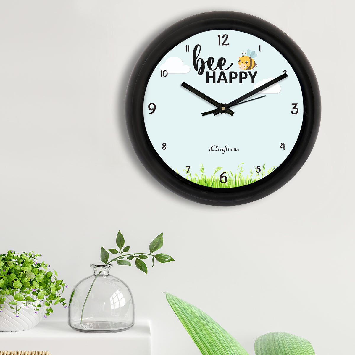 "Bee Happy" Designer Round Analog Black Wall Clock 2
