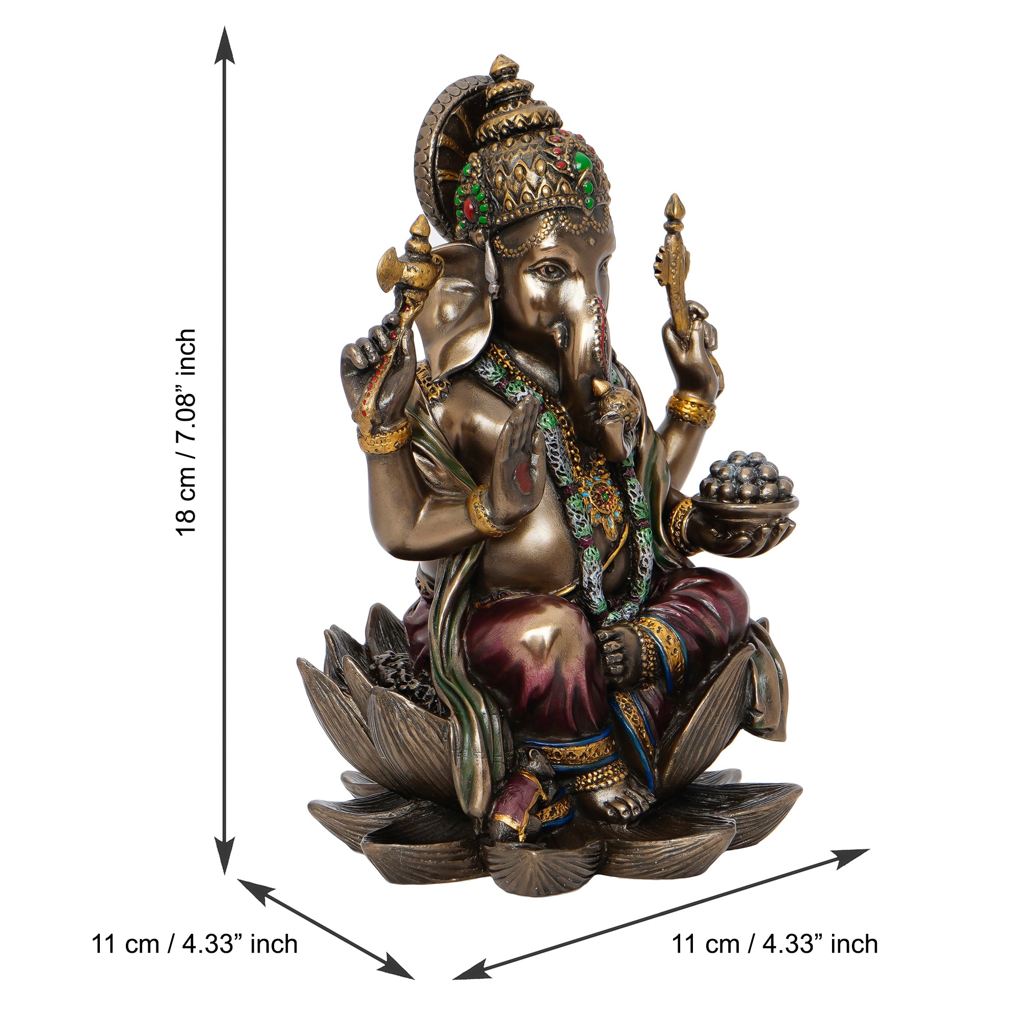 Brown Polyresin and Bronze 4 Bhujadhari Lord Ganesha Idol on Lotus Flower 3
