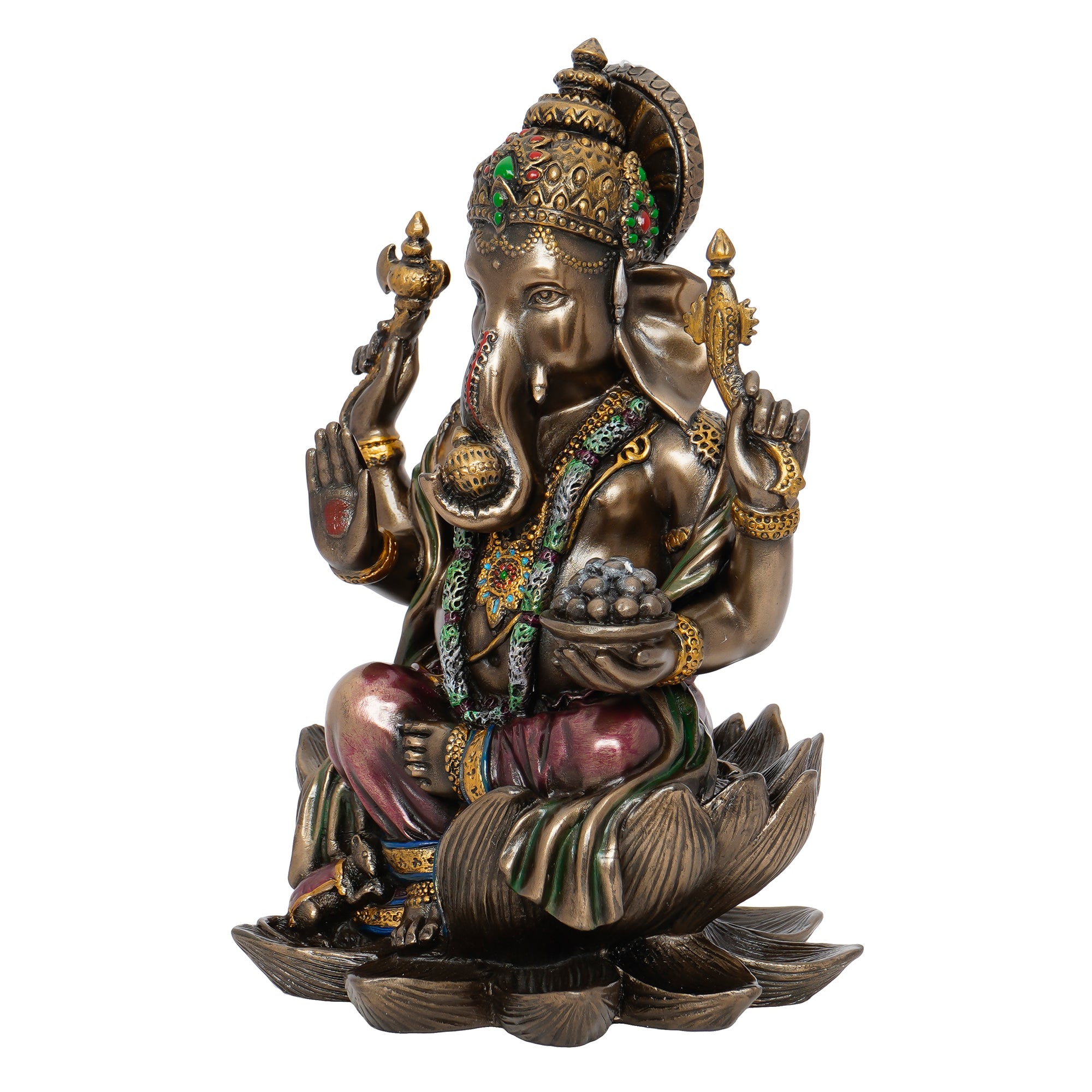 Brown Polyresin and Bronze 4 Bhujadhari Lord Ganesha Idol on Lotus Flower 4