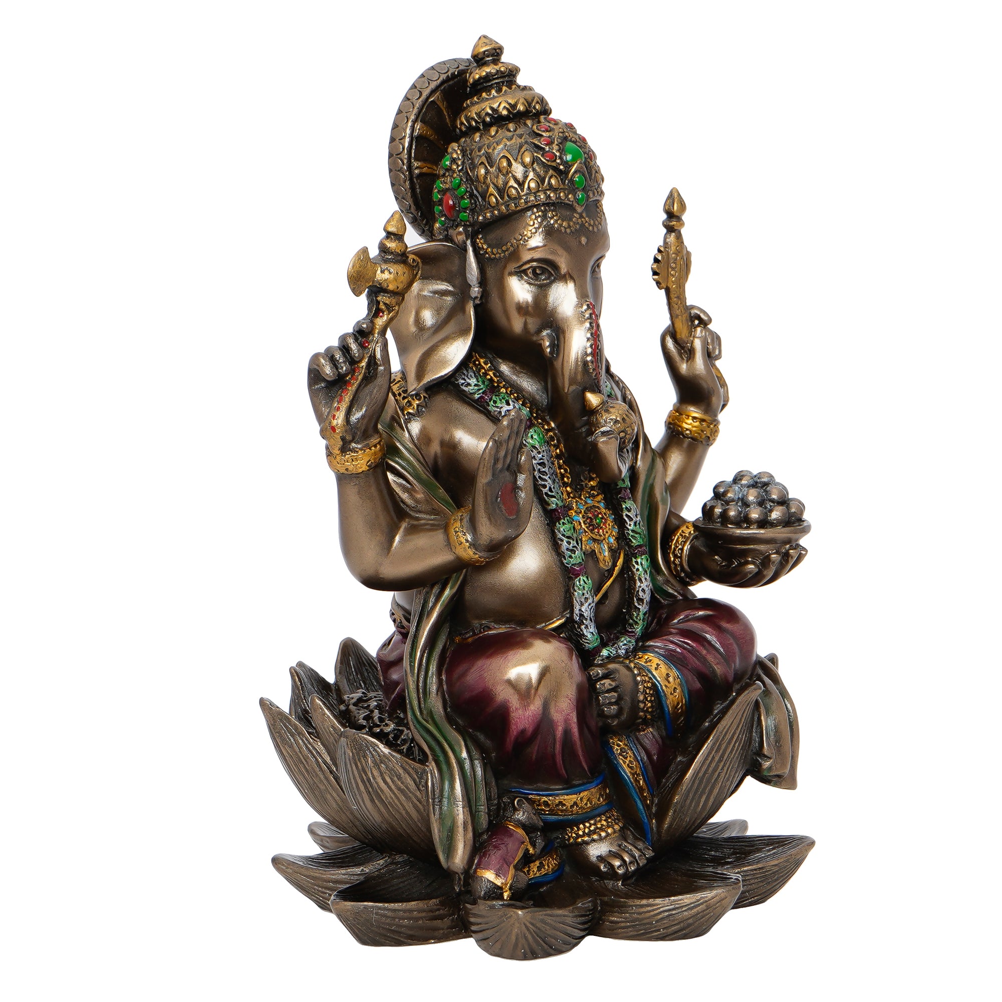 Brown Polyresin and Bronze 4 Bhujadhari Lord Ganesha Idol on Lotus Flower 5