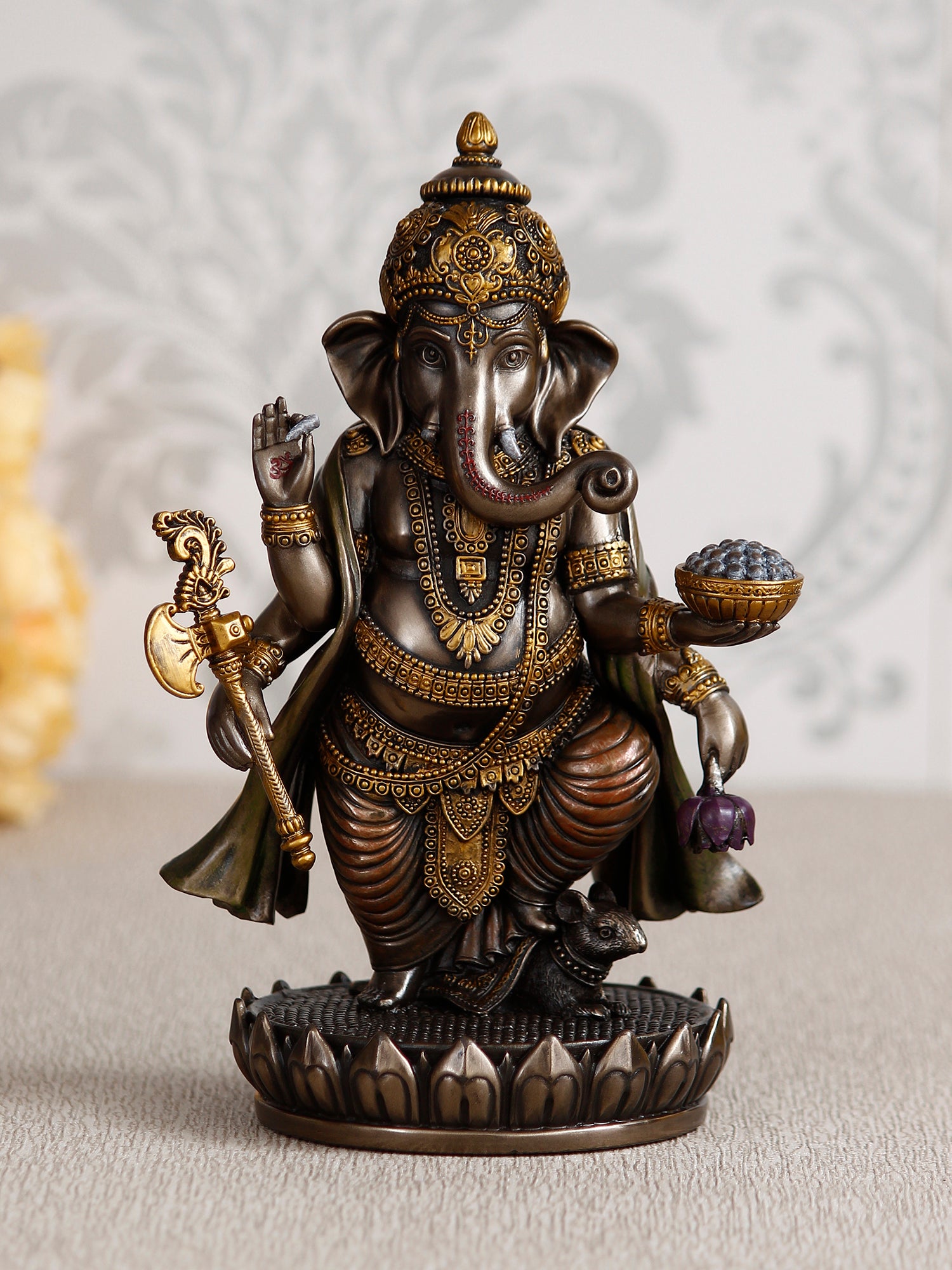 Brown Polyresin and Bronze char bhuja dhari Lord Ganesha Idol 1