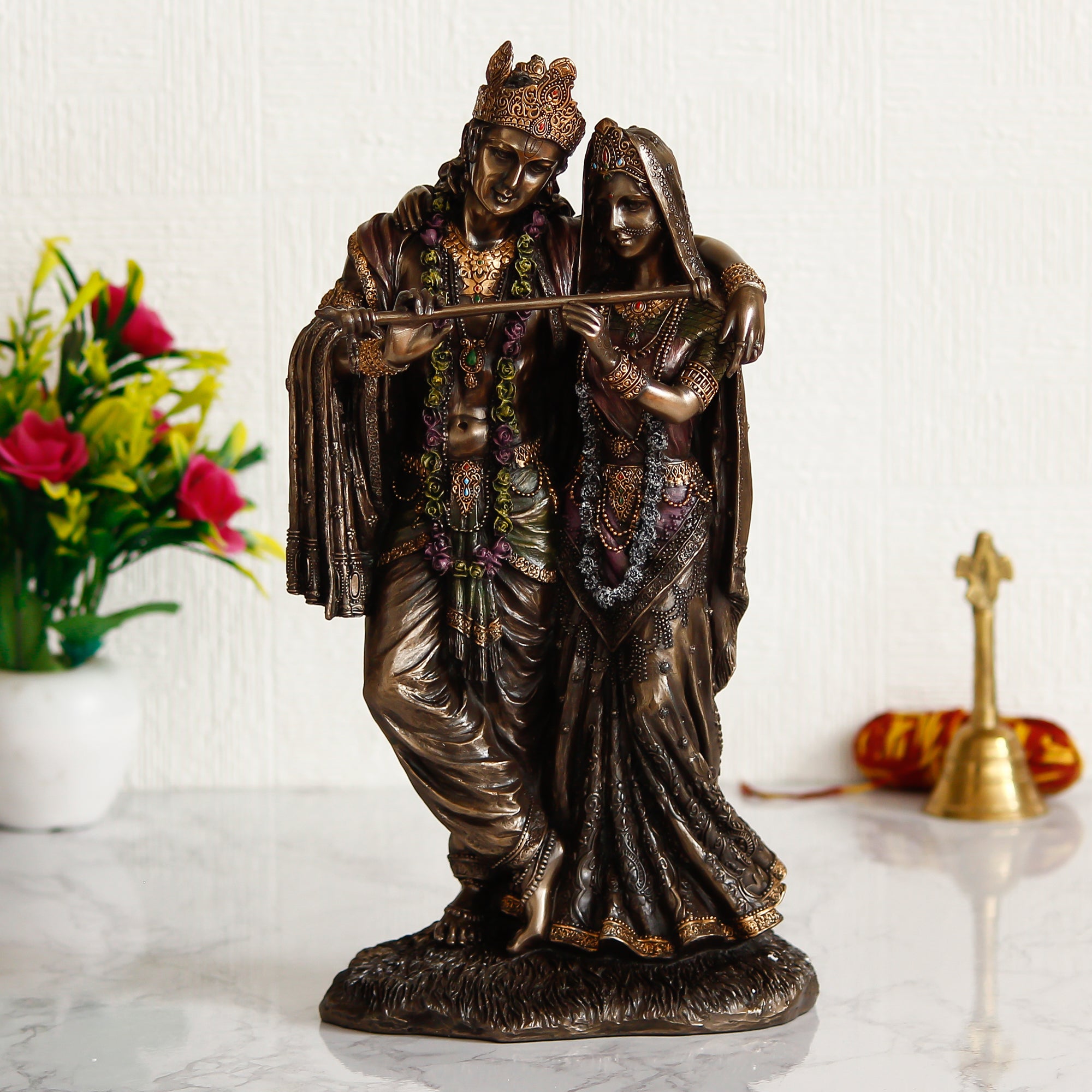 Polyresin and Bronze Decorative Radha Krishna Playing Flute Statue (Brown and Golden)