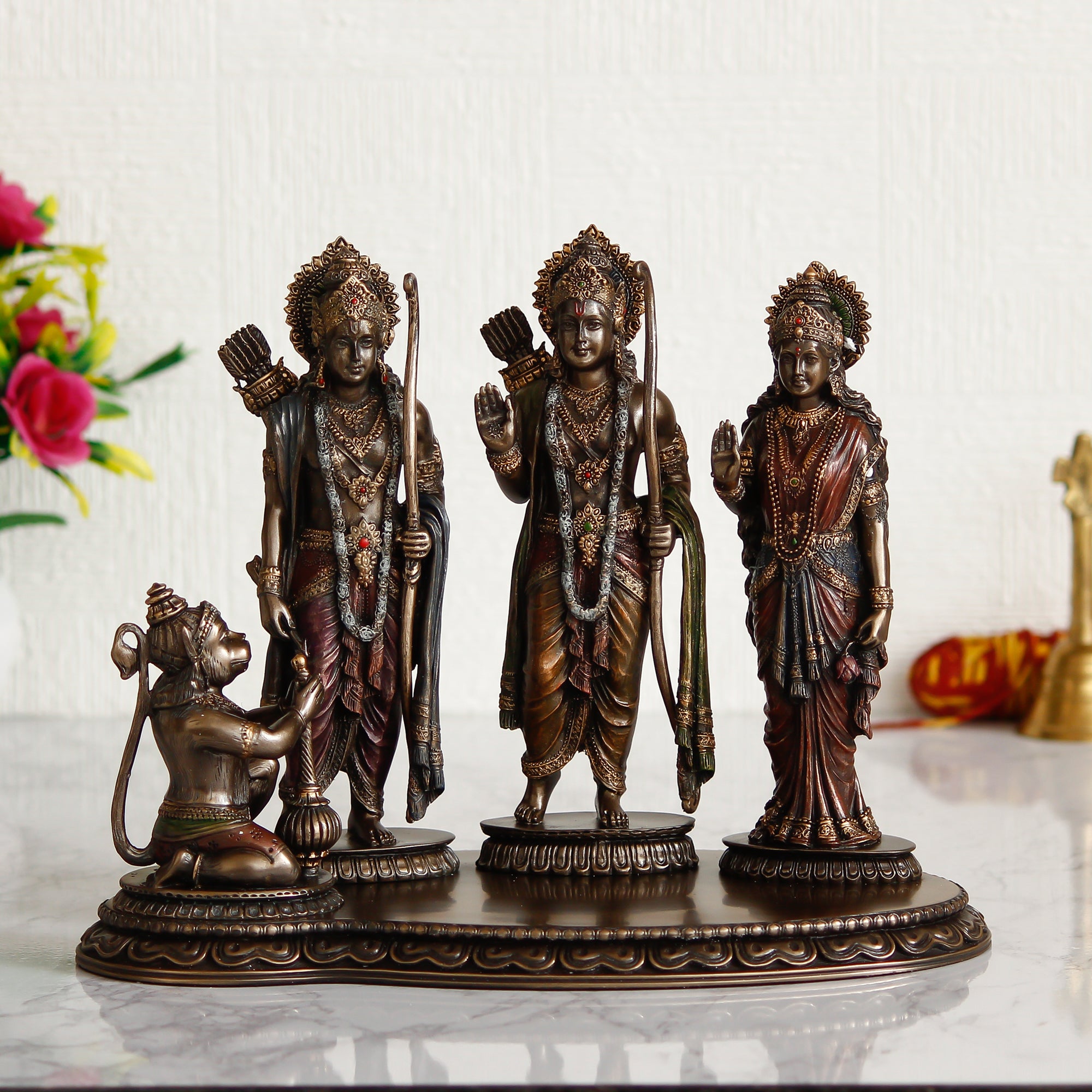 Brown and Copper Cold Cast Bronze Resin Ram Laxman Sita and Hanuman Idol Ram Darbar Statue