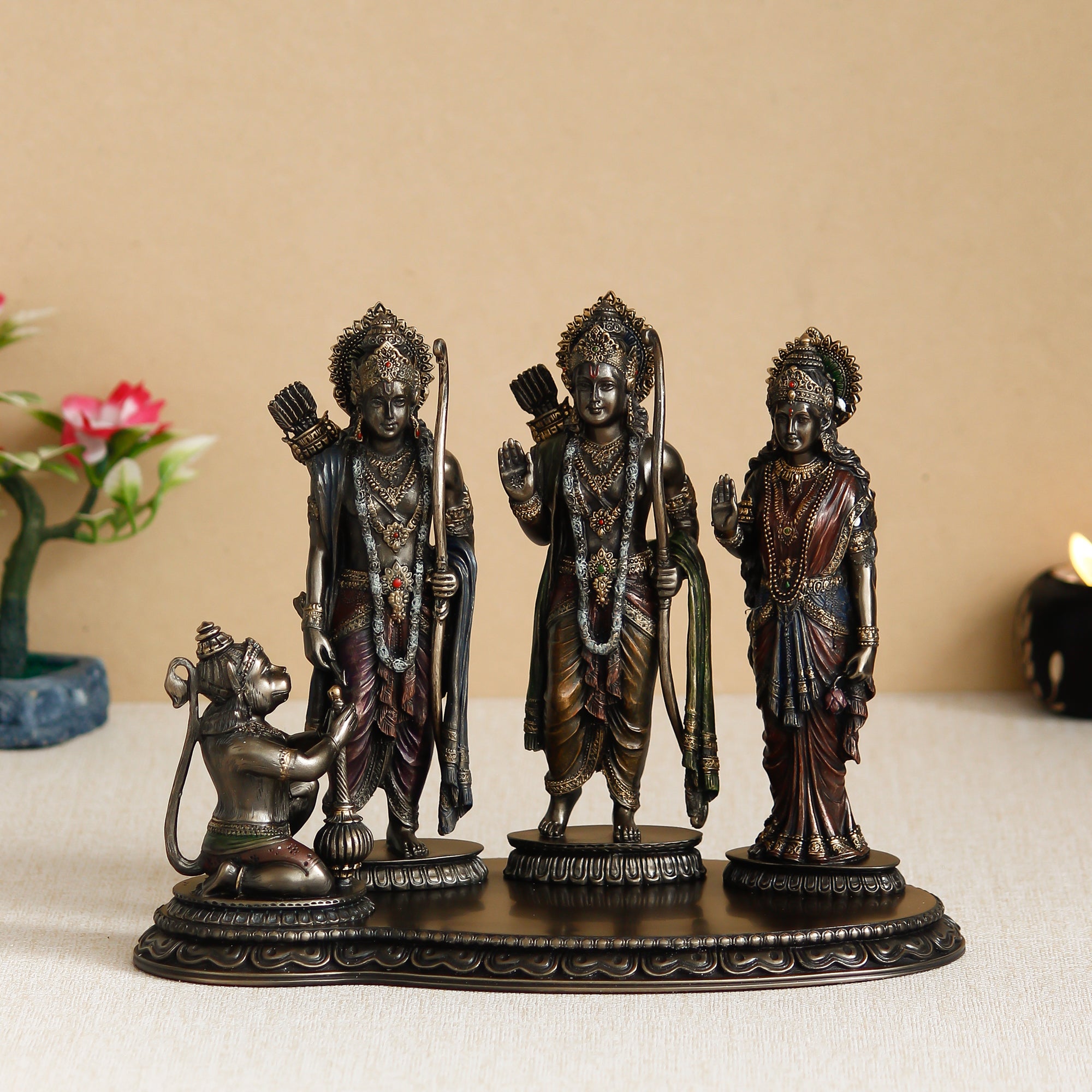 Brown and Copper Cold Cast Bronze Resin Ram Laxman Sita and Hanuman Idol Ram Darbar Statue 1