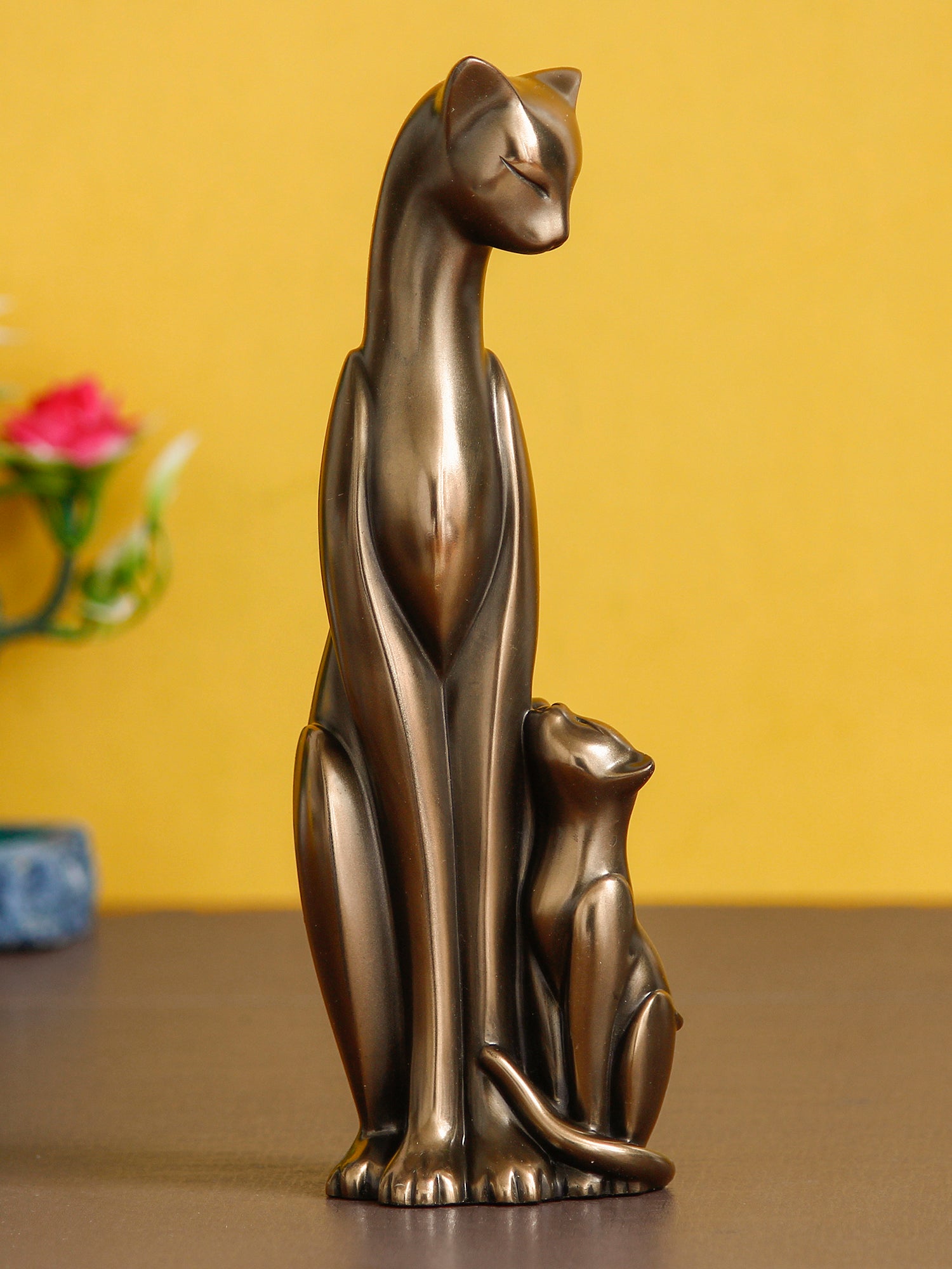 Brown Polyresin and Bronze Cat Family Figurines Decorative Animal Showpiece