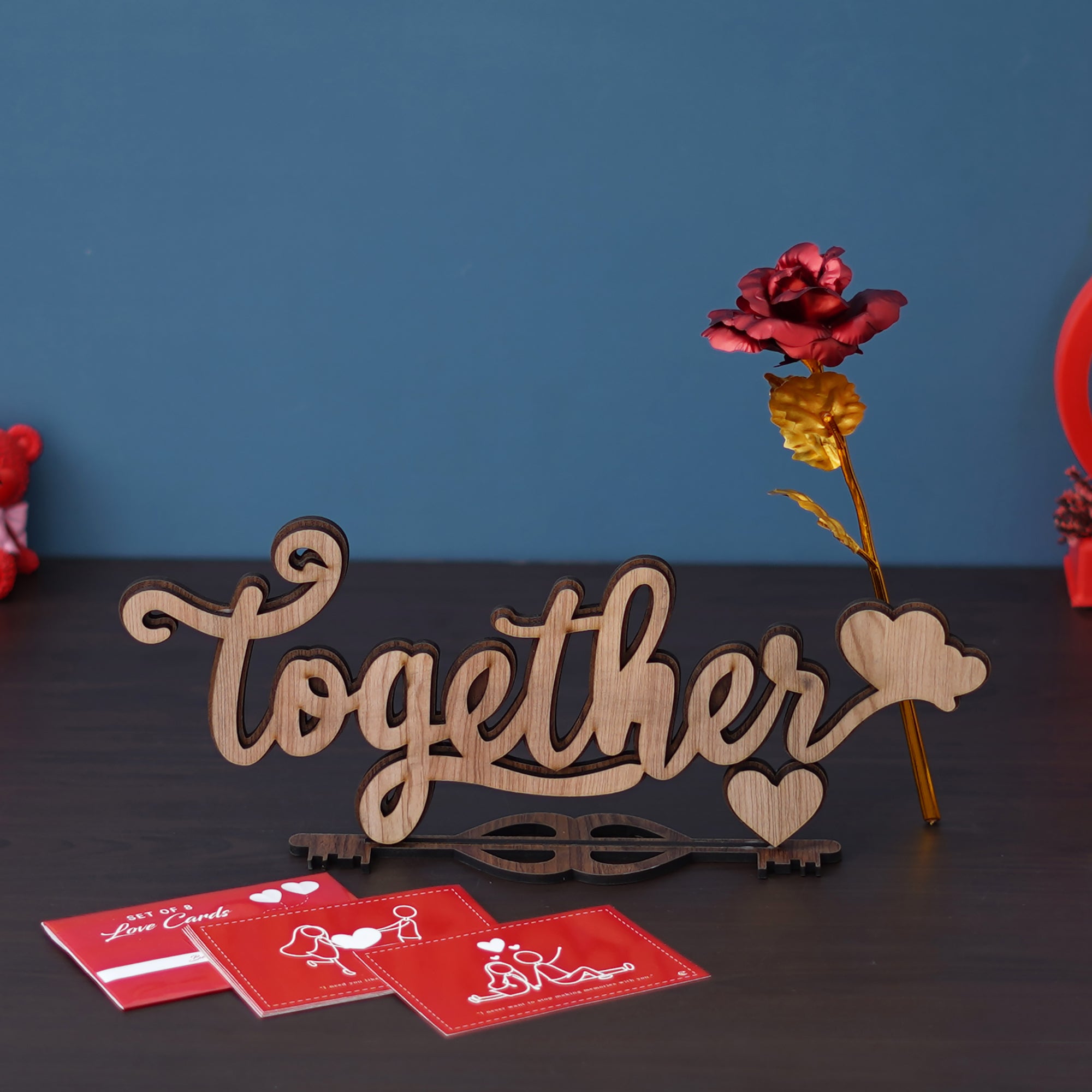 Valentine Combo of Set of 8 Love Post Cards Gift Cards Set, Golden Red Rose Gift Set, Heart Couple Kissing Wooden Brown Showpiece With Stand