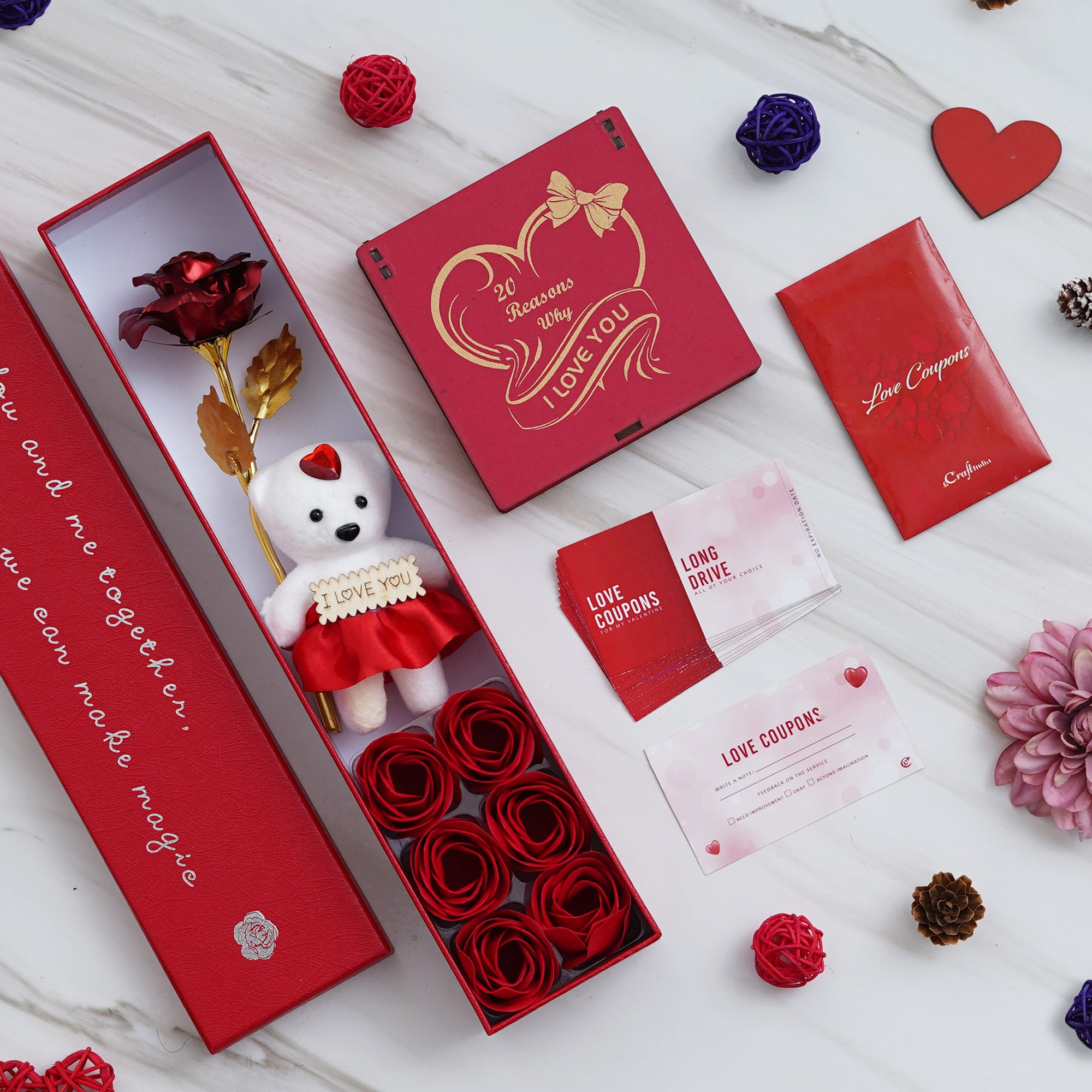 Valentine Combo of Pack of 12 Love Coupons Gift Cards Set, Red Gift Box with Teddy & Roses, "20 Reasons Why I Love You" Printed on Little Red Hearts Decorative Wooden Gift Set Box