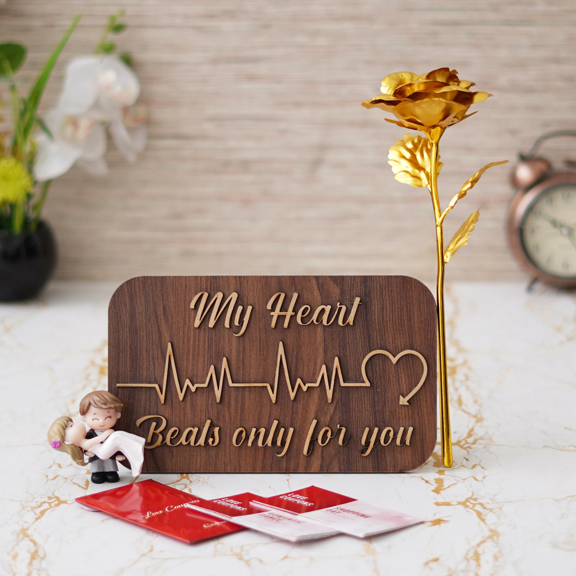 Valentine Combo of Pack of 12 Love Coupons Gift Cards Set, Golden Rose Gift Set, "My Heart Beats Only For You" Wooden Showpiece With Stand, Bride Kissing Groom Romantic Polyresin Decorative Showpiece