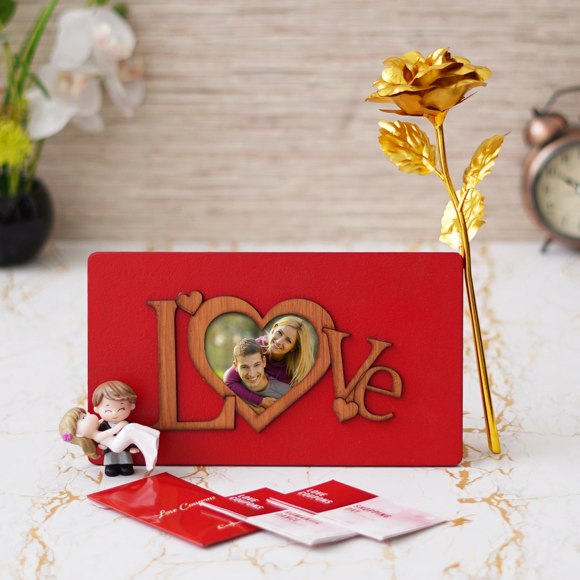 Valentine Combo of Pack of 12 Love Coupons Gift Cards Set, Golden Rose Gift Set, "Love" Wooden Photo Frame With Red Stand, Bride Kissing Groom Romantic Polyresin Decorative Showpiece