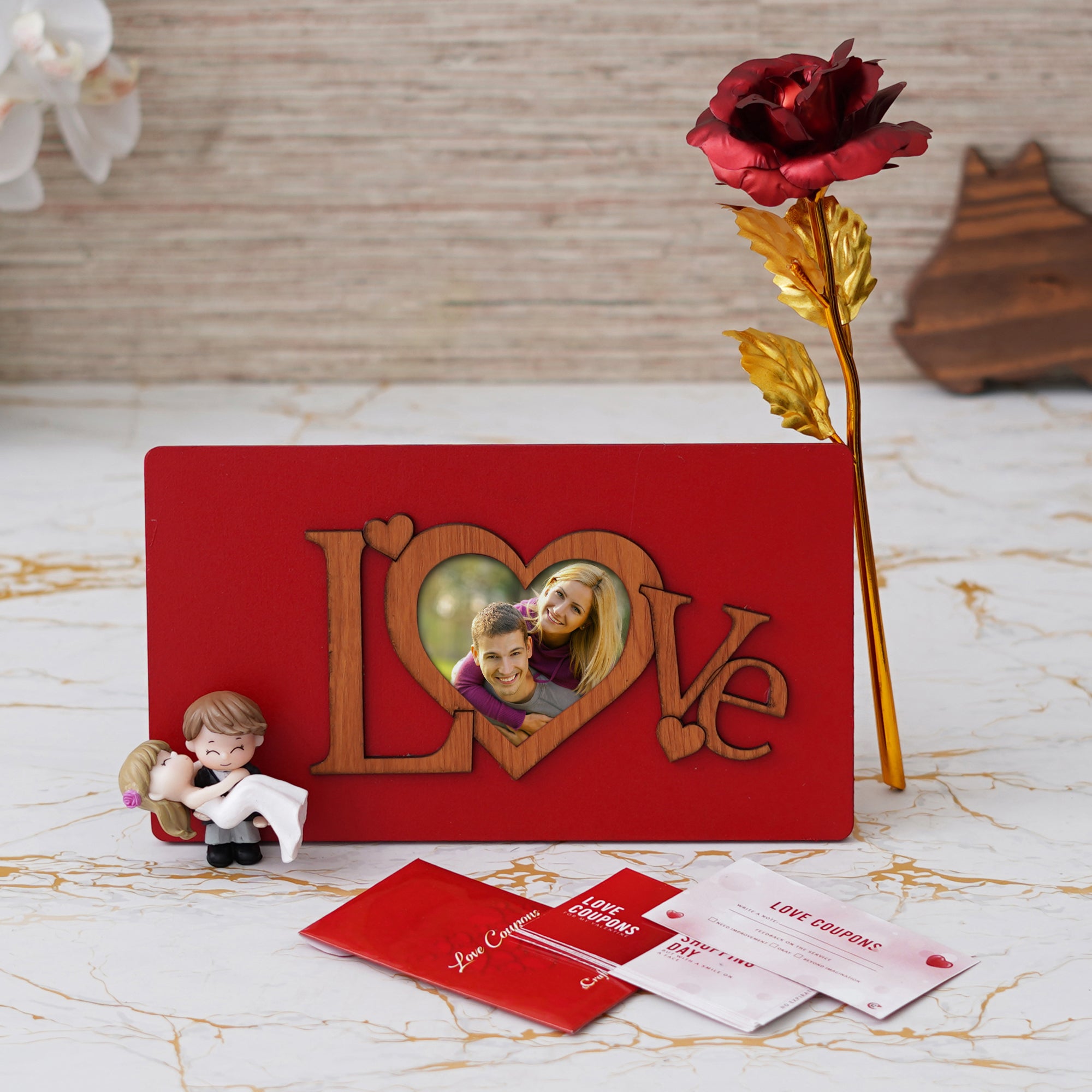 Valentine Combo of Pack of 12 Love Coupons Gift Cards Set, Golden Red Rose Gift Set, "Love" Wooden Photo Frame With Red Stand, Bride Kissing Groom Romantic Polyresin Decorative Showpiece