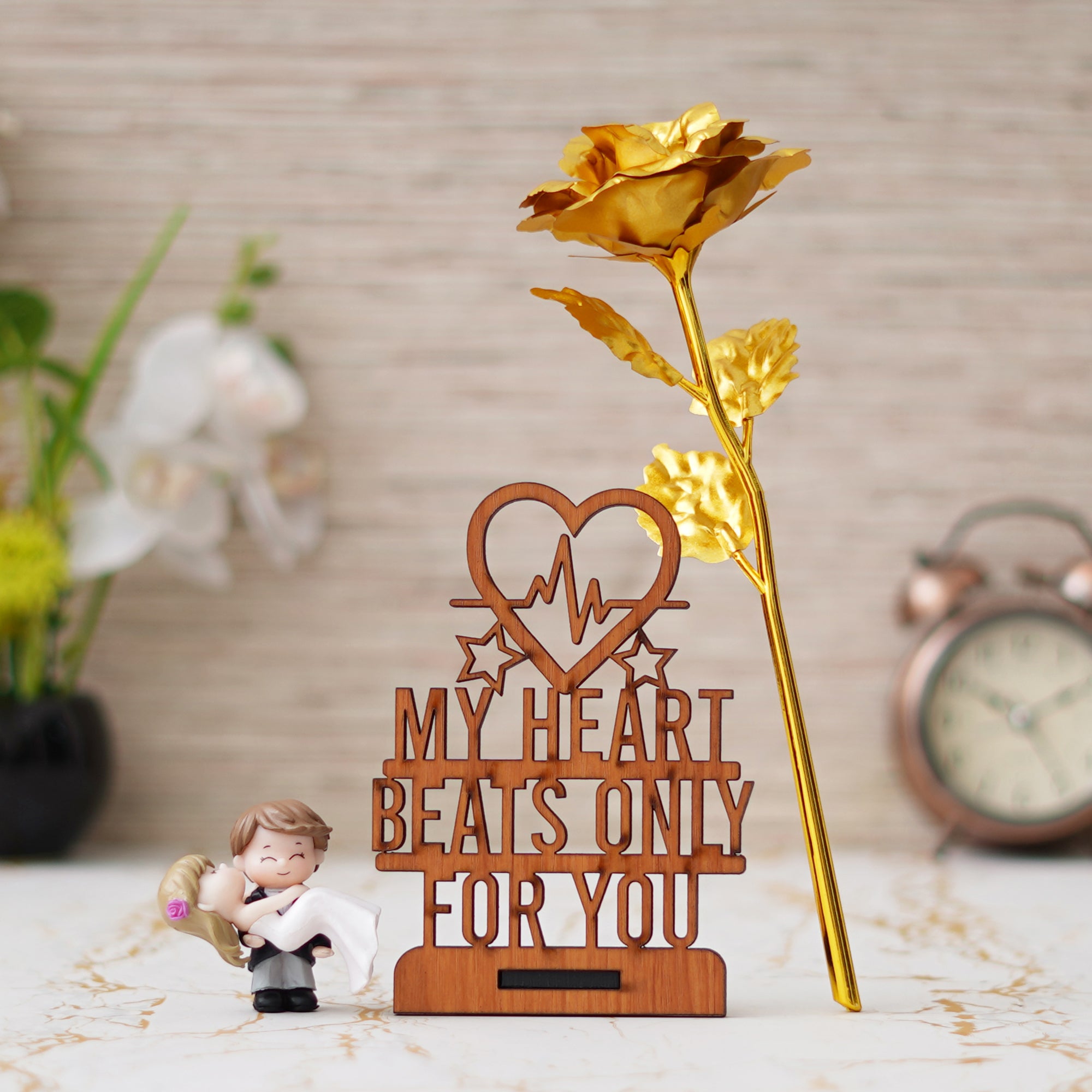 Valentine Combo of Golden Rose Gift Set, "My Heart Beats Only For You" Wooden Showpiece With Stand, Bride Kissing Groom Romantic Polyresin Decorative Showpiece