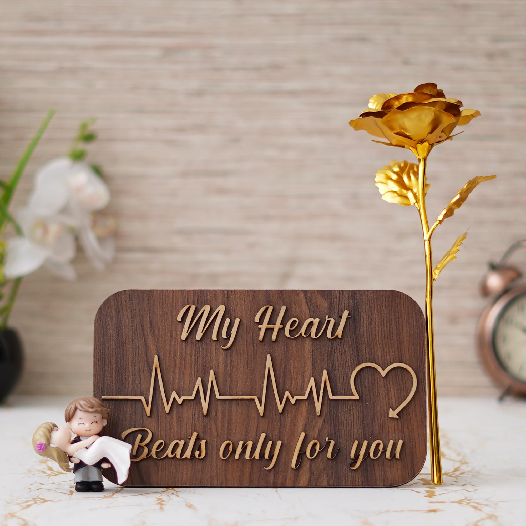 Valentine Combo of Golden Rose Gift Set, "My Heart Beats Only For You" Wooden Showpiece With Stand, Bride Kissing Groom Romantic Polyresin Decorative Showpiece