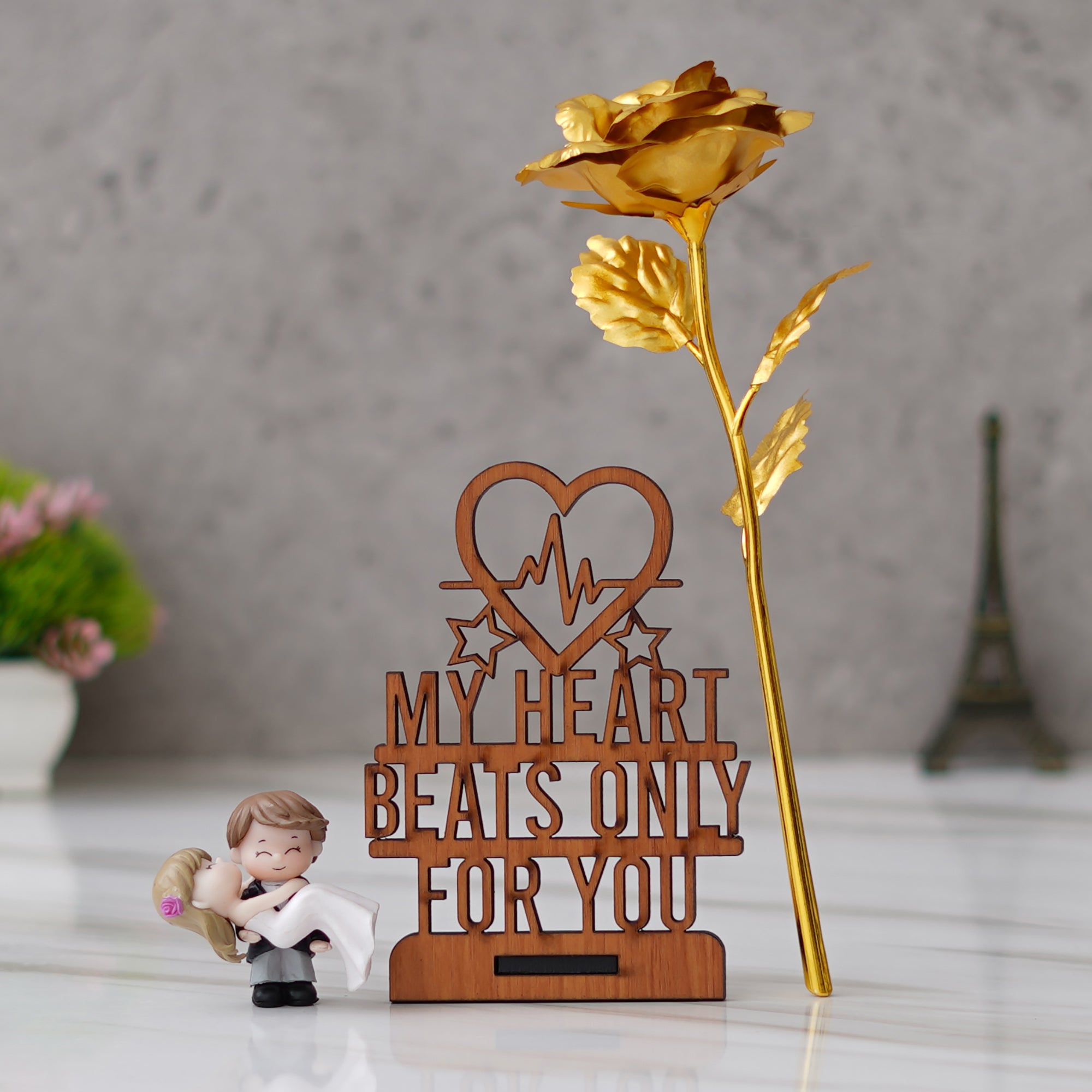 Valentine Combo of Golden Rose Gift Set, "Love You" Wooden Showpiece With Stand, Bride Kissing Groom Romantic Polyresin Decorative Showpiece