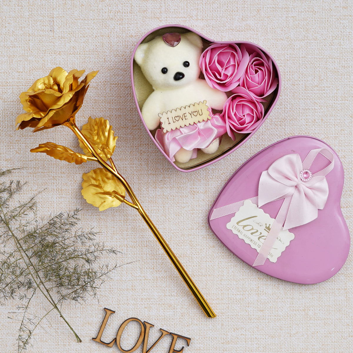 Valentine Combo of Golden Rose Gift Set, Pink Heart Shaped Gift Box wi eCraftIndia