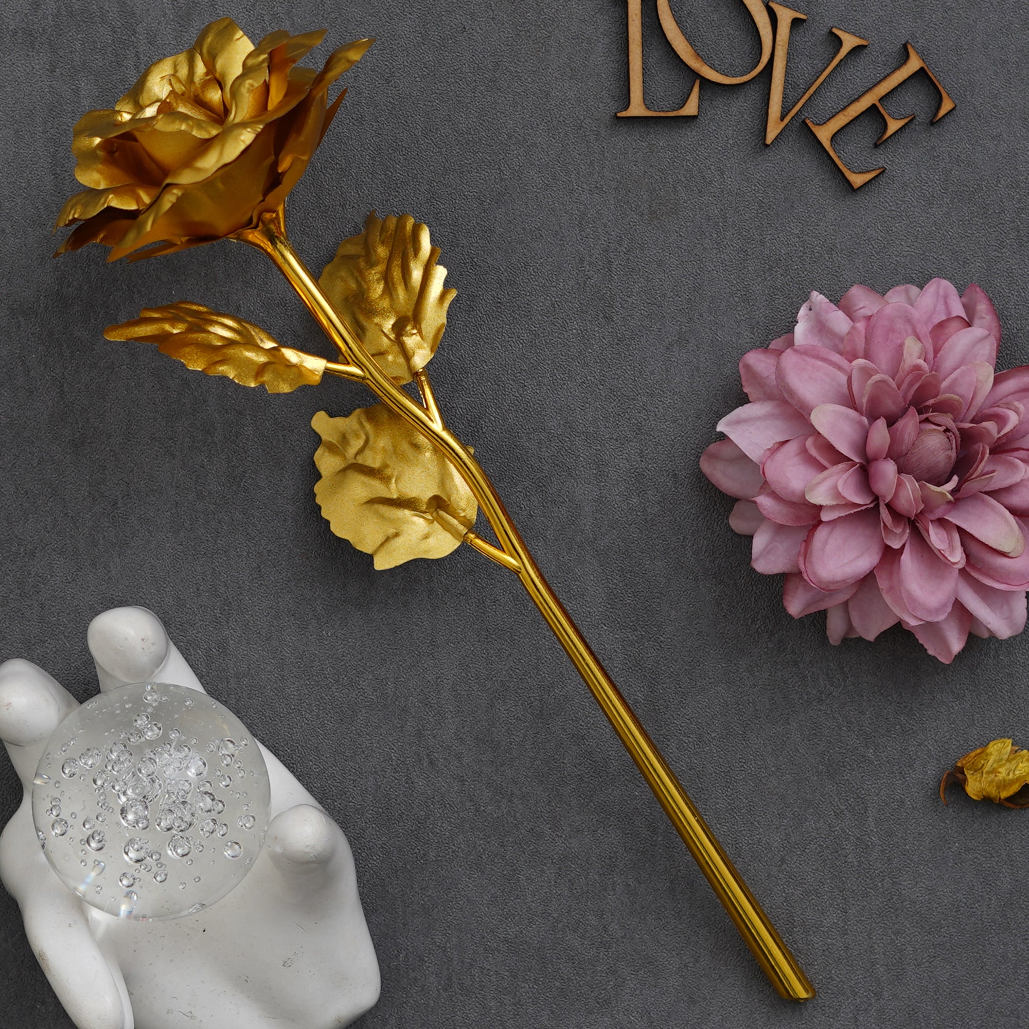 Valentine Combo of Golden Rose Gift Set, "Love You" Wooden Showpiece With Stand, Bride Kissing Groom Romantic Polyresin Decorative Showpiece 1