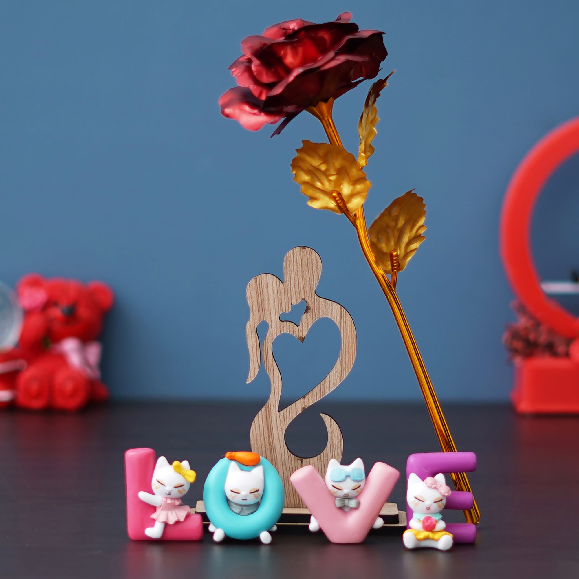 Valentine Combo of Golden Red Rose Gift Set, Heart Couple Kissing Wooden Brown Showpiece With Stand, "Love" Animated Characters Showpiece