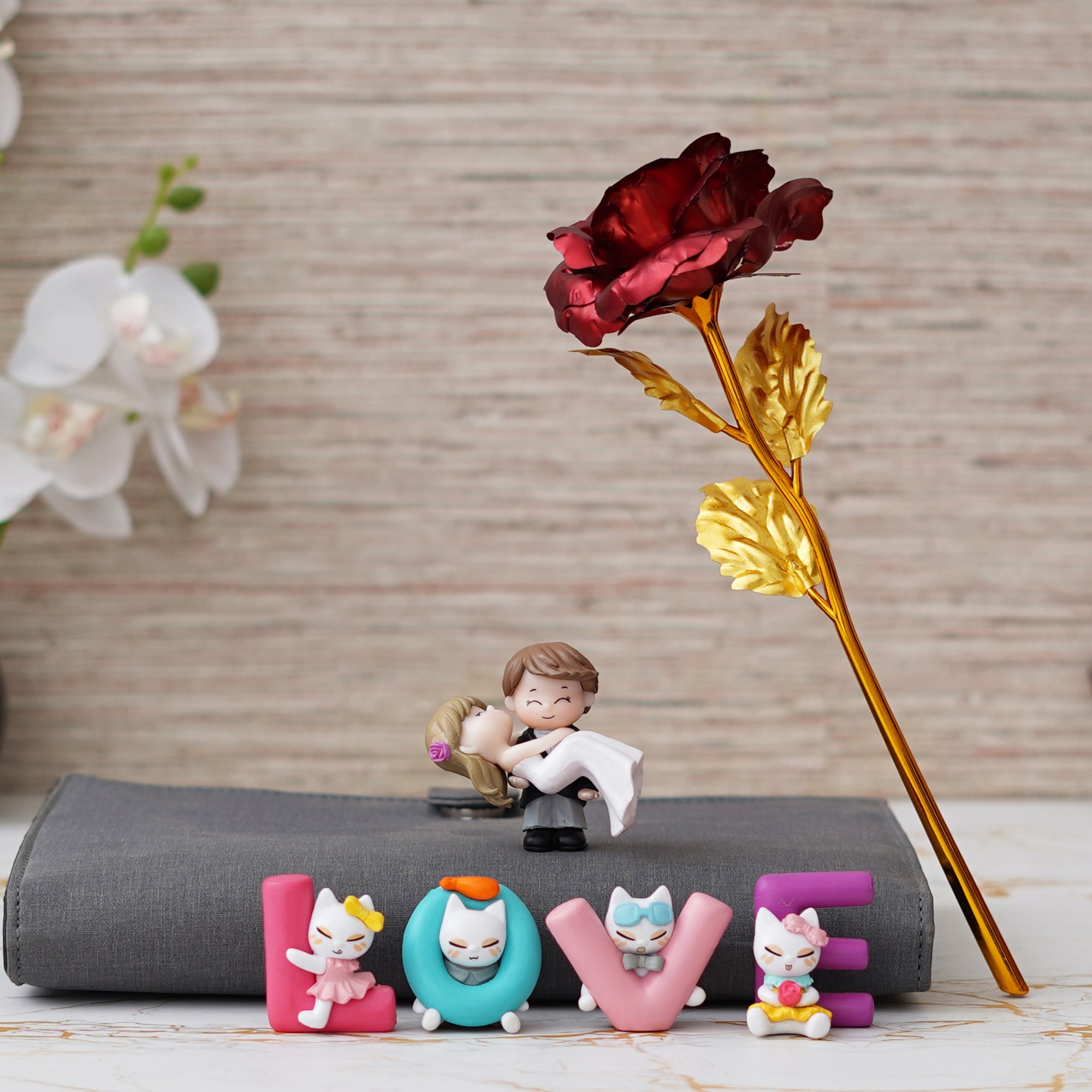 Valentine Combo of Golden Red Rose Gift Set, Bride Kissing Groom Romantic Polyresin Decorative Showpiece, "Love" Animated Characters Showpiece