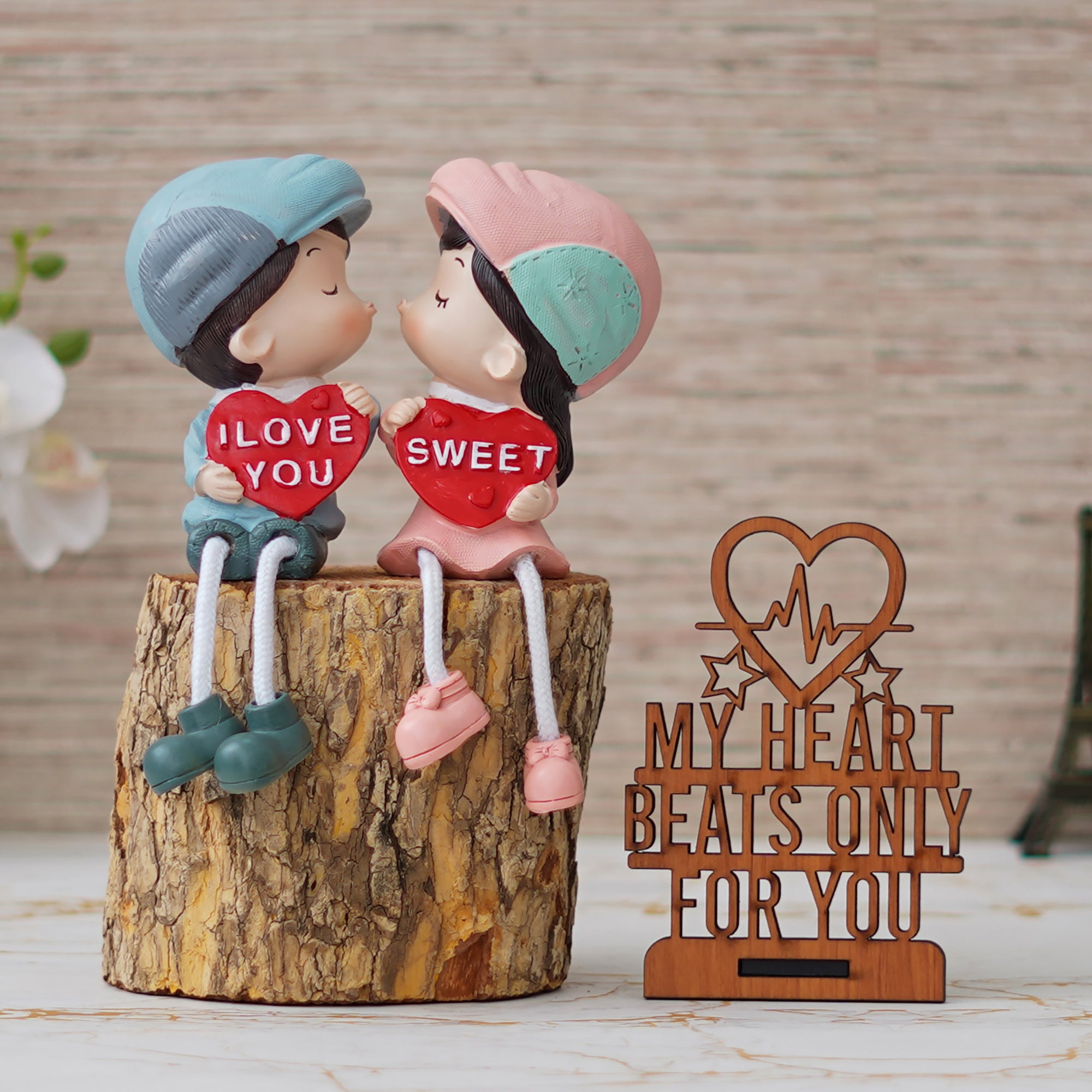 Valentine Combo of "My Heart Beats Only For You" Wooden Showpiece With Stand, Colorful Girl and Boy "Sweet I Love You" Kissing Figurine