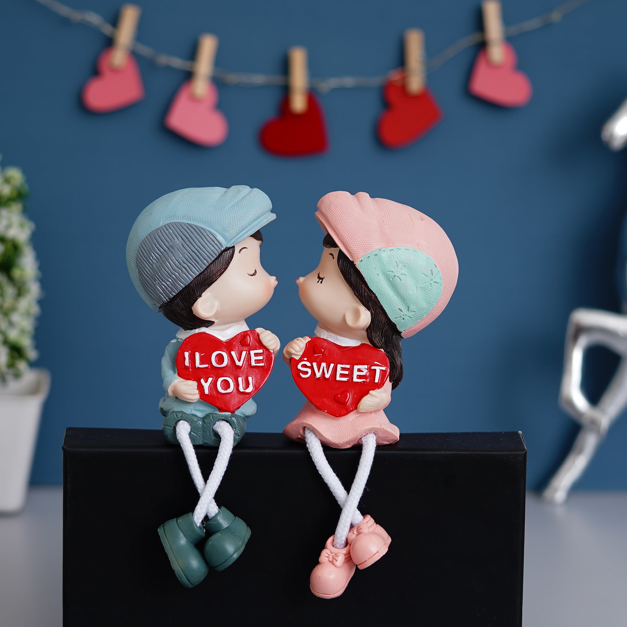 Valentine Combo of "My Heart Beats Only For You" Wooden Showpiece With Stand, Colorful Girl and Boy "Sweet I Love You" Kissing Figurine 3