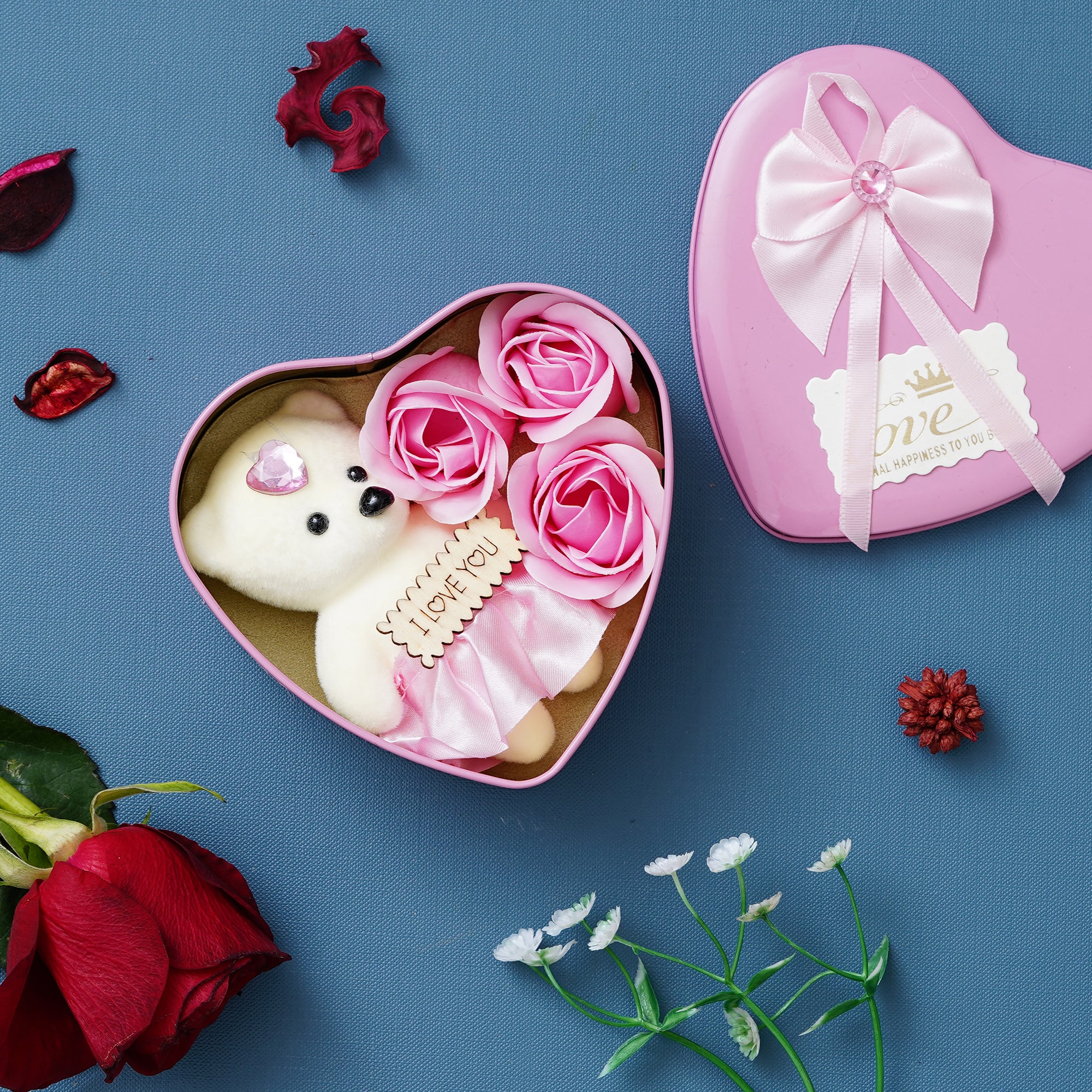 Pink Heart Shaped Gift Box With 3 Pink Roses, Teddy Bear, And A Card 1