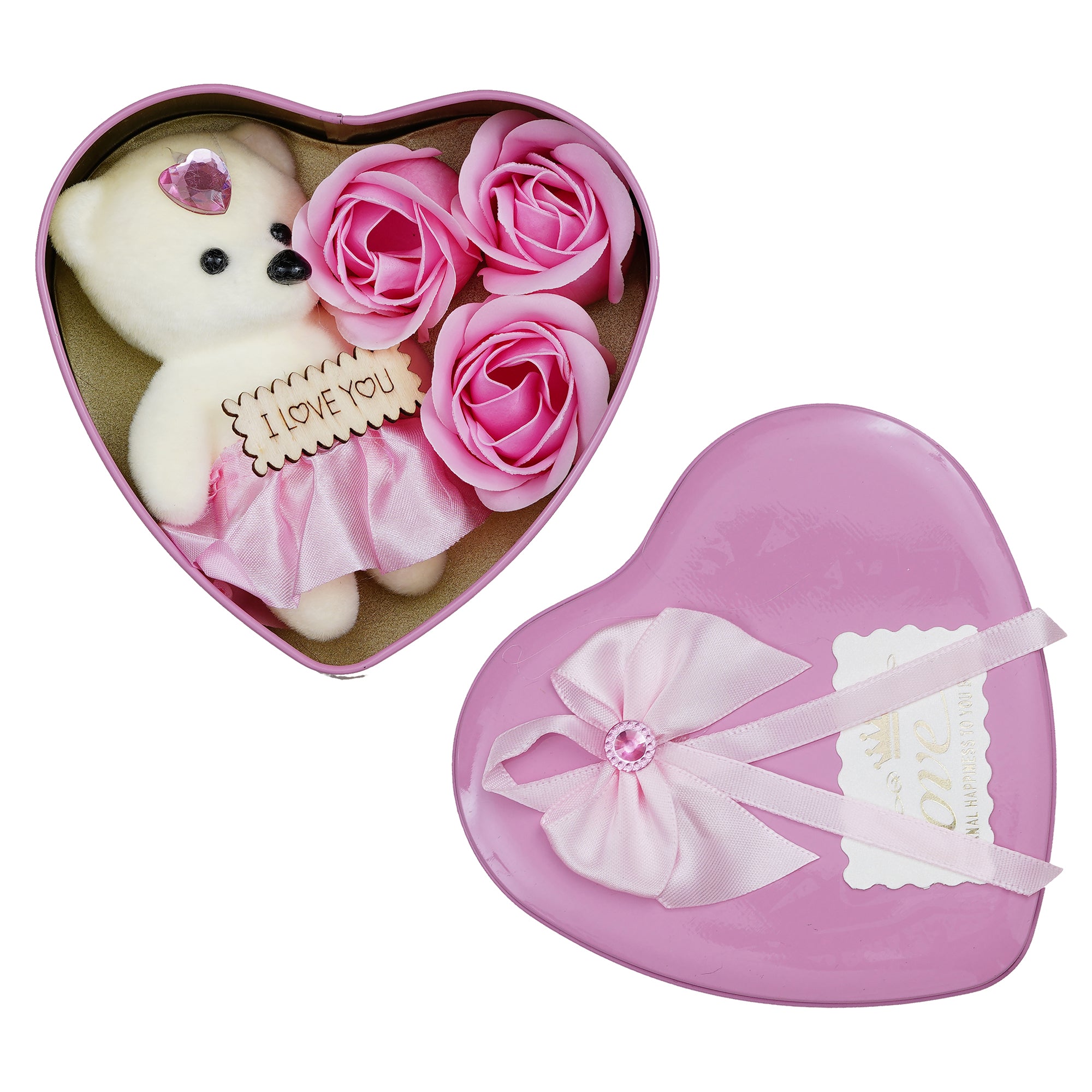 Pink Heart Shaped Gift Box With 3 Pink Roses, Teddy Bear, And A Card 3