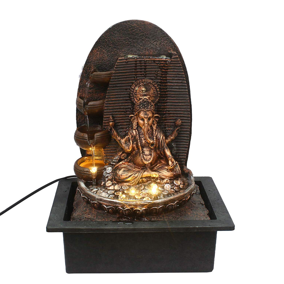 Lord Ganesha Black and Copper Decorative Polystone Water Fountain With Light 4