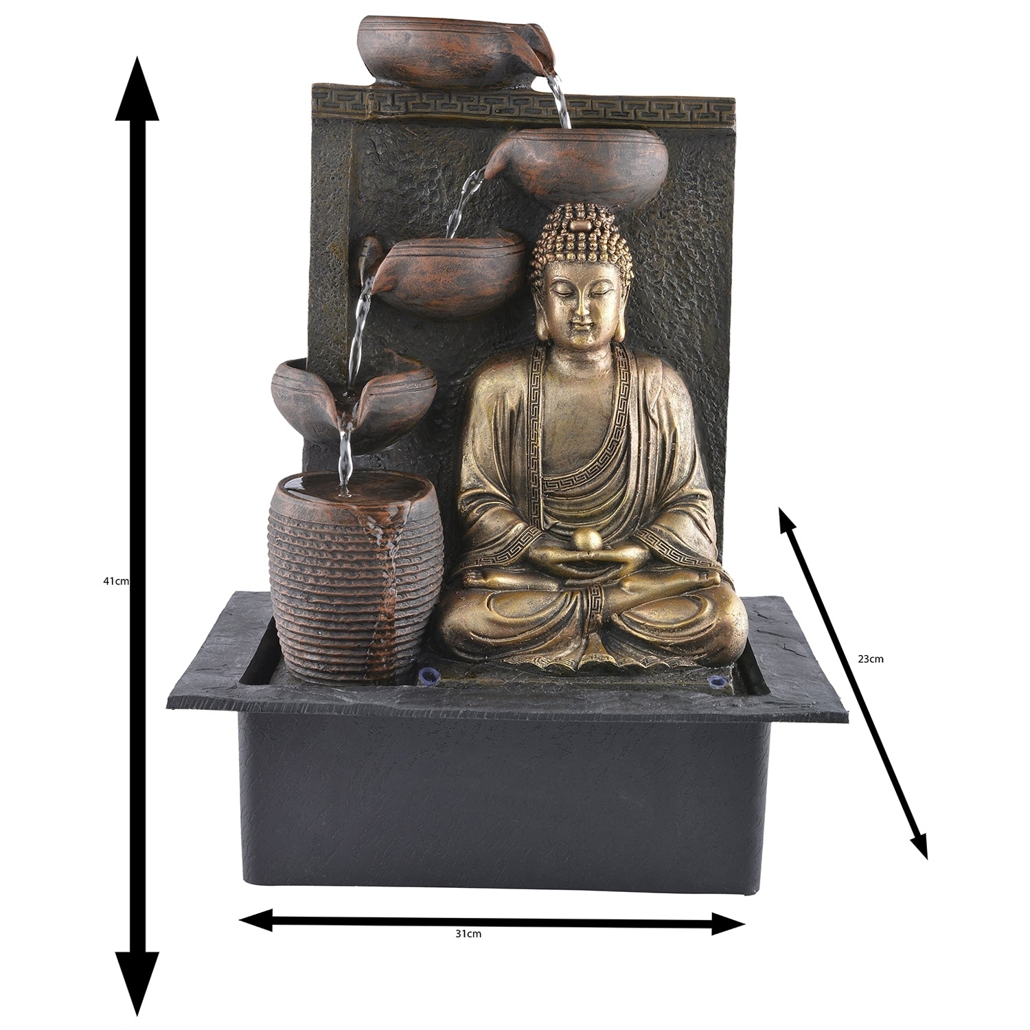 Polystone Brown and Golden Meditating Lord Buddha Water Fountain with LED Light Effects and Water Pump for Home/Office Decor 2