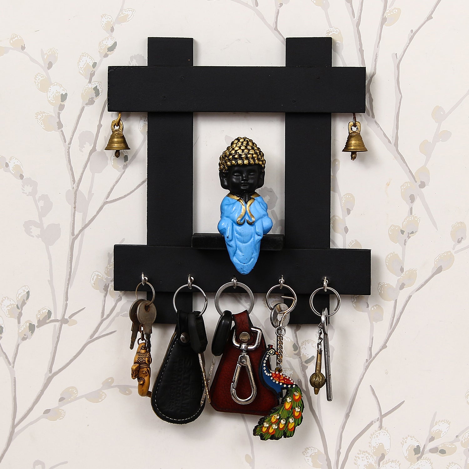 Blue and Black Peaceful Monk Buddha Idol Sitting Wooden Keyholder with 5 Key hooks